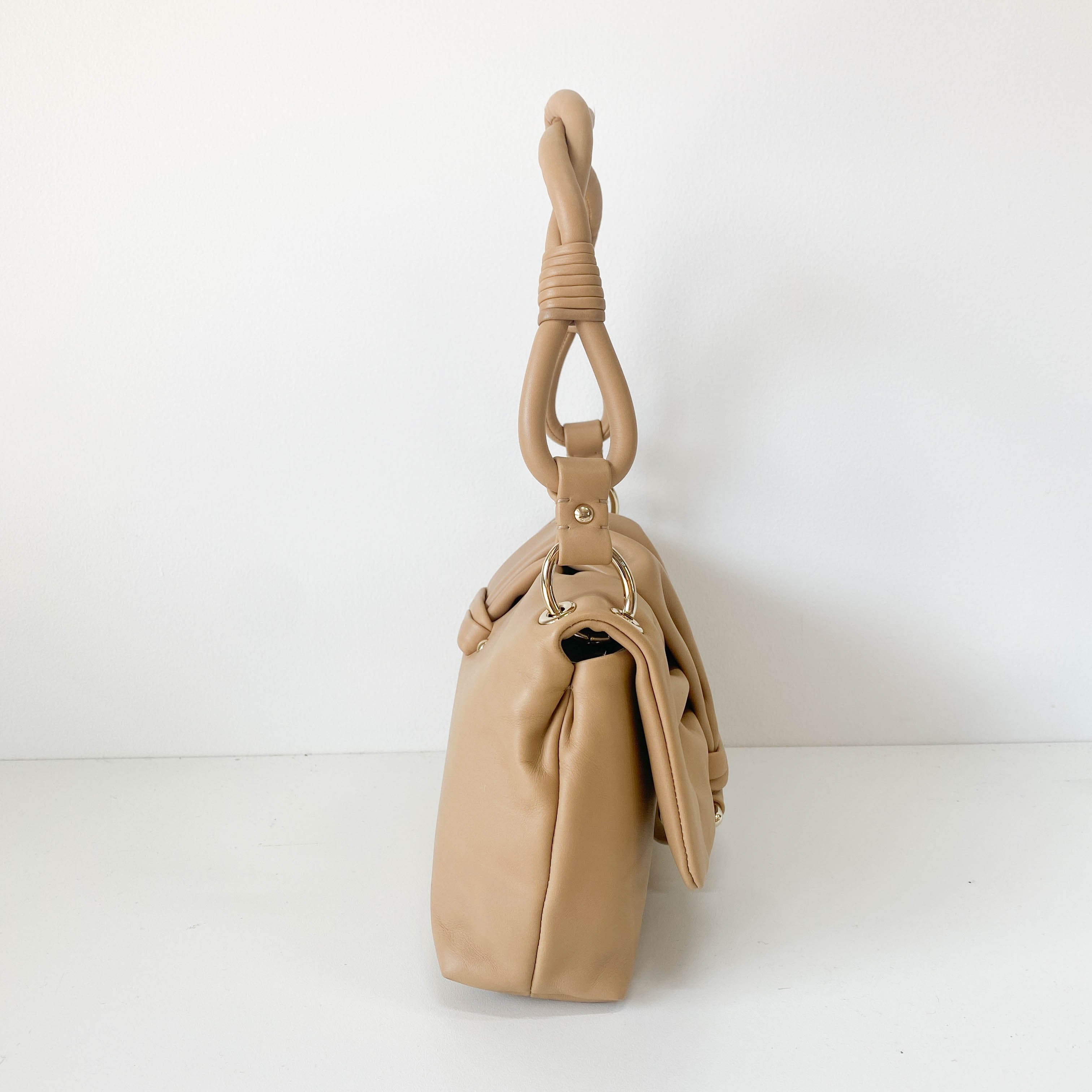 Beige Leather Braided Handle Bag with Charm