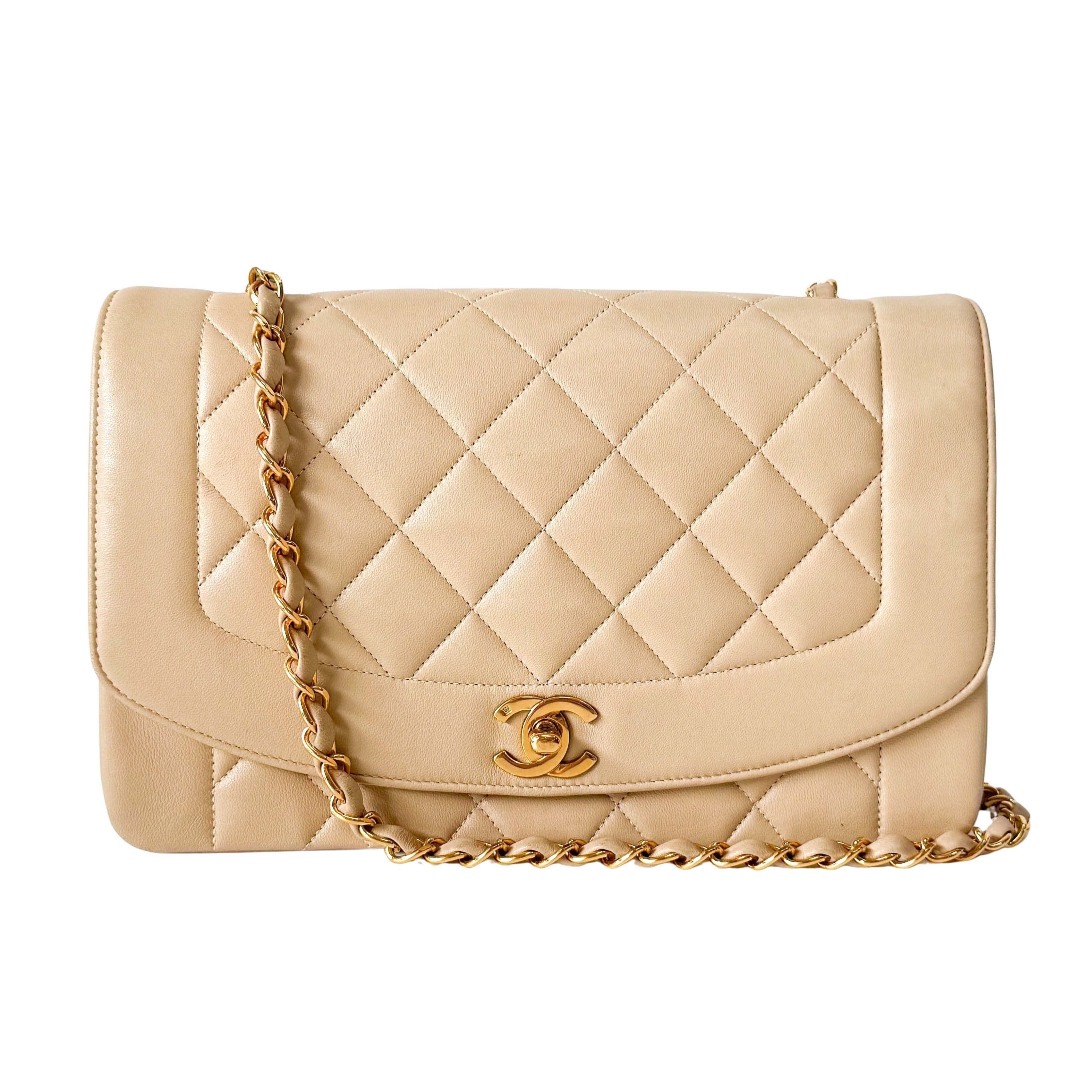 Diana Quilted Single Flap Beige Lambskin Chain Bag
