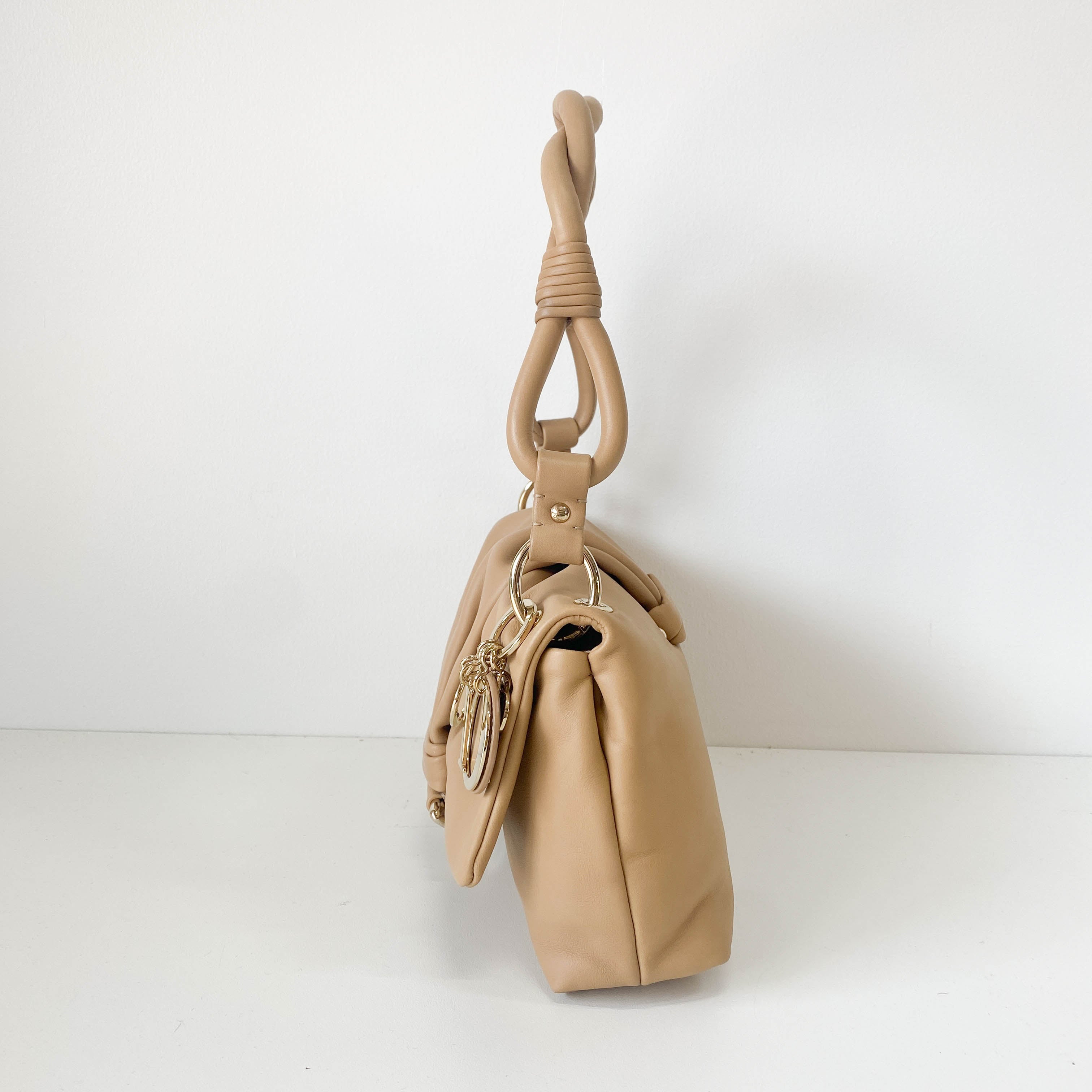 Beige Leather Braided Handle Bag with Charm