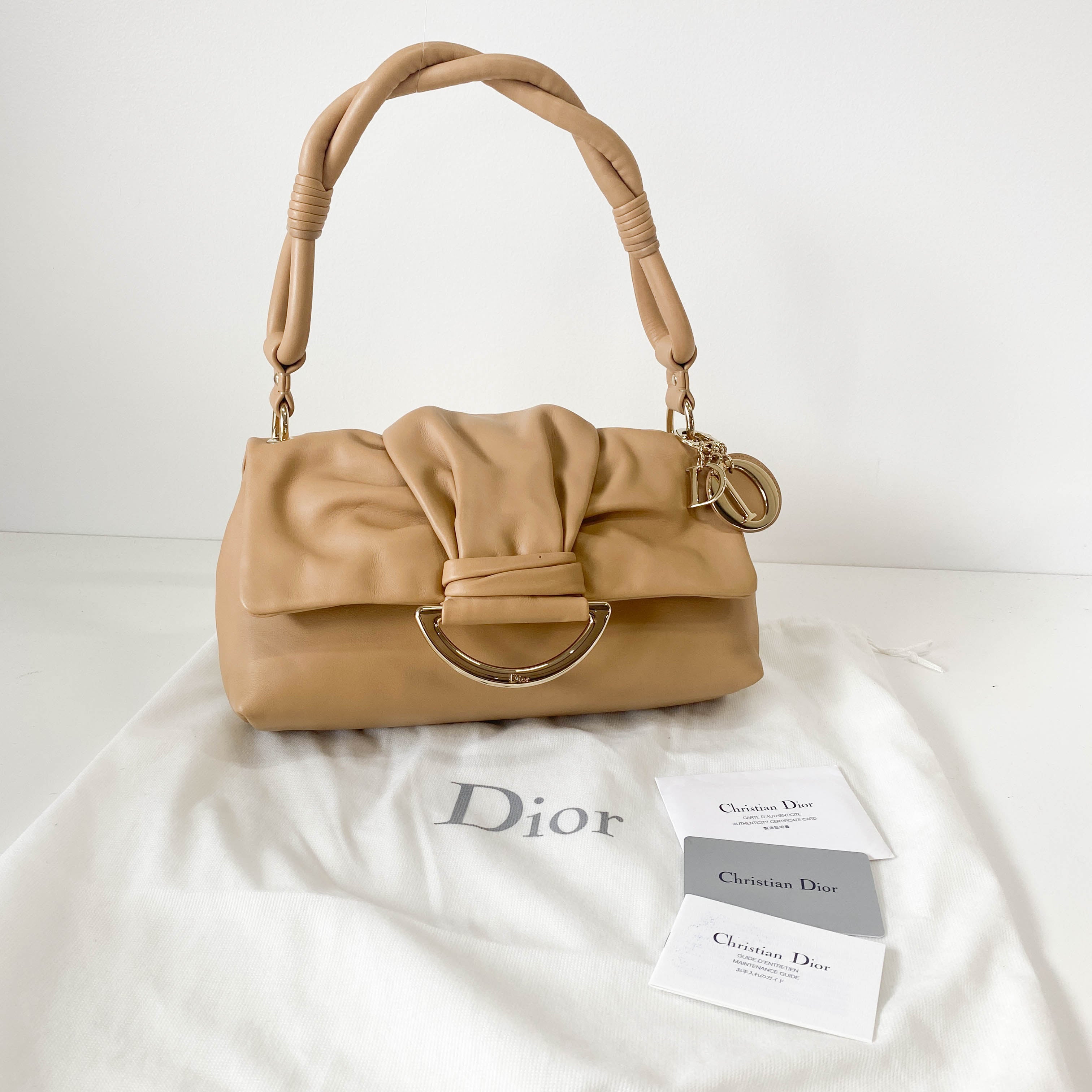 Beige Leather Braided Handle Bag with Charm