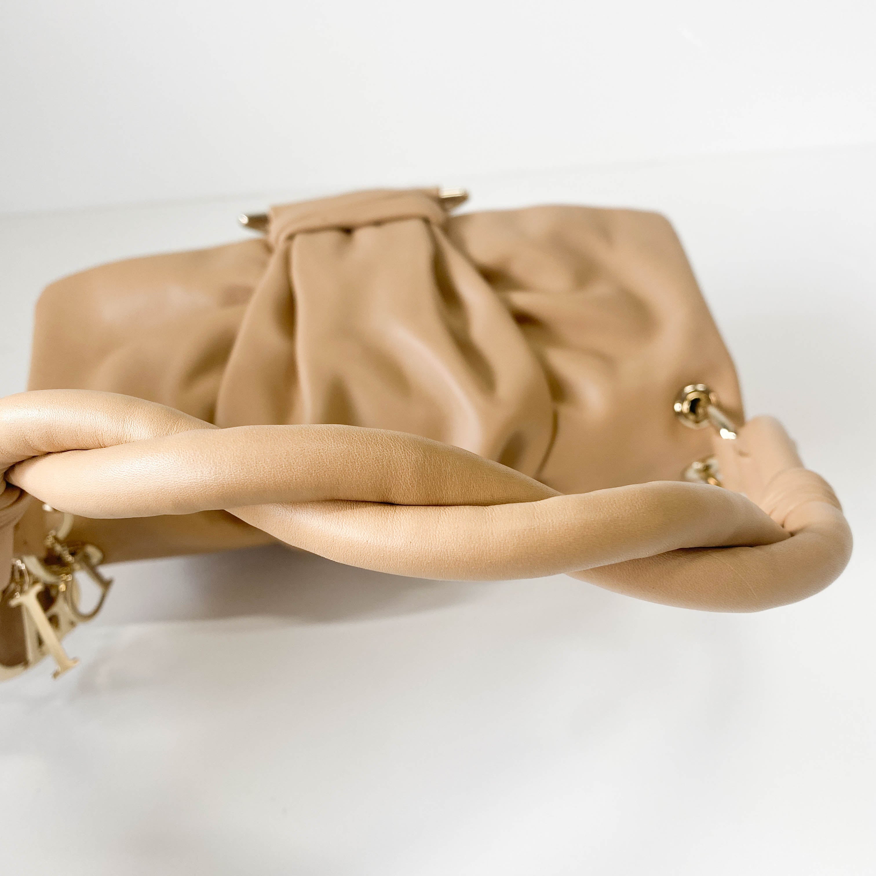 Beige Leather Braided Handle Bag with Charm