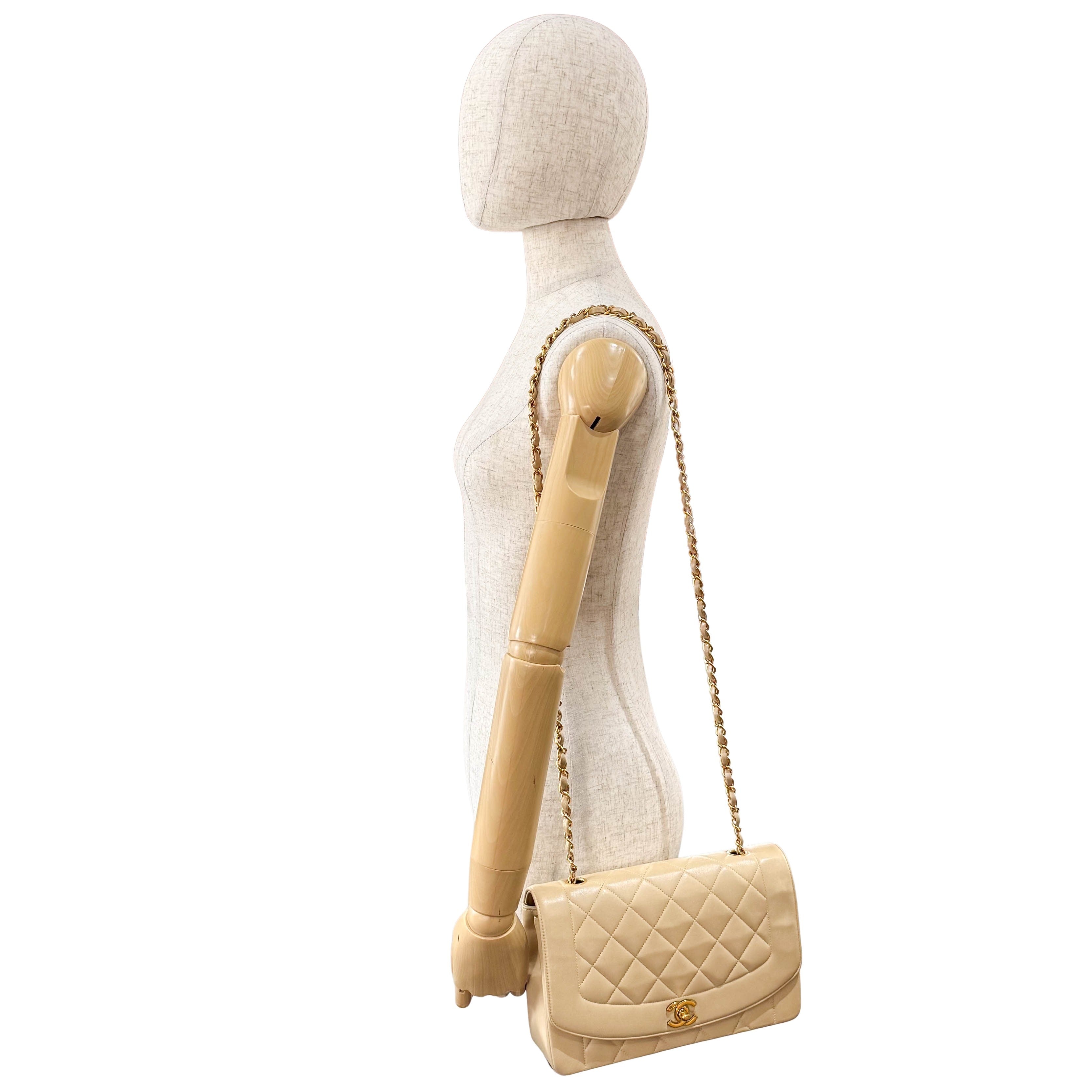 Diana Quilted Single Flap Beige Lambskin Chain Bag