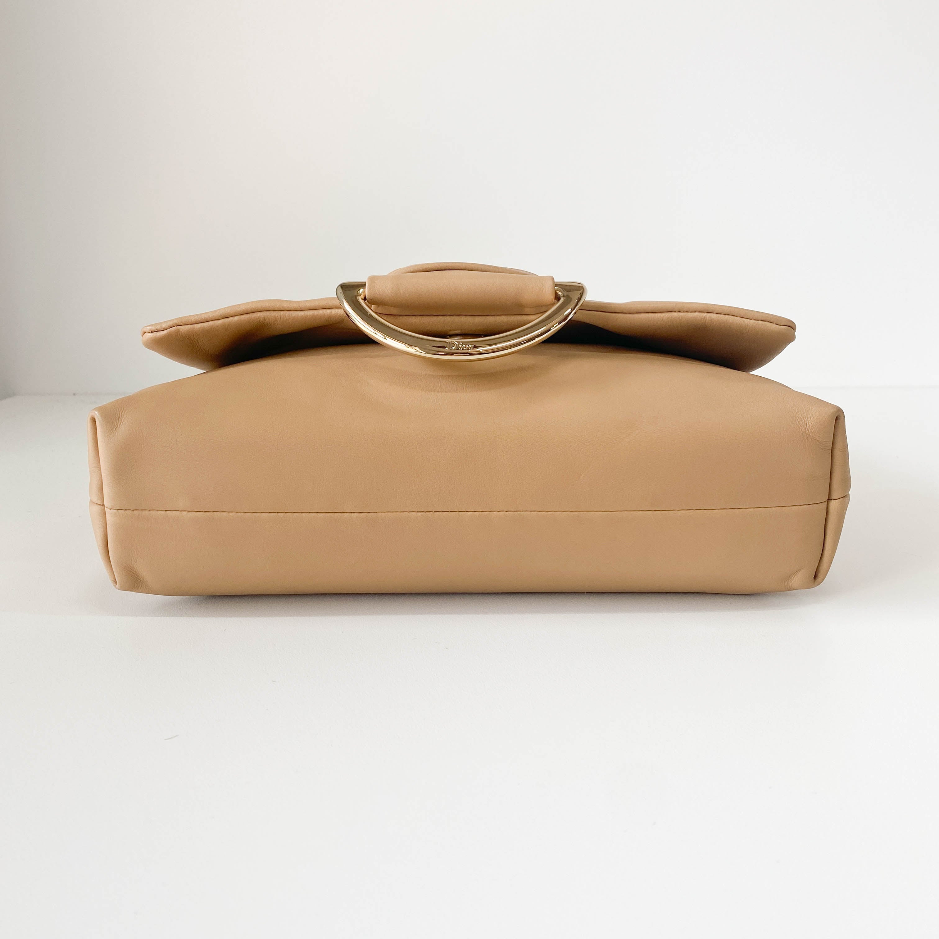 Beige Leather Braided Handle Bag with Charm