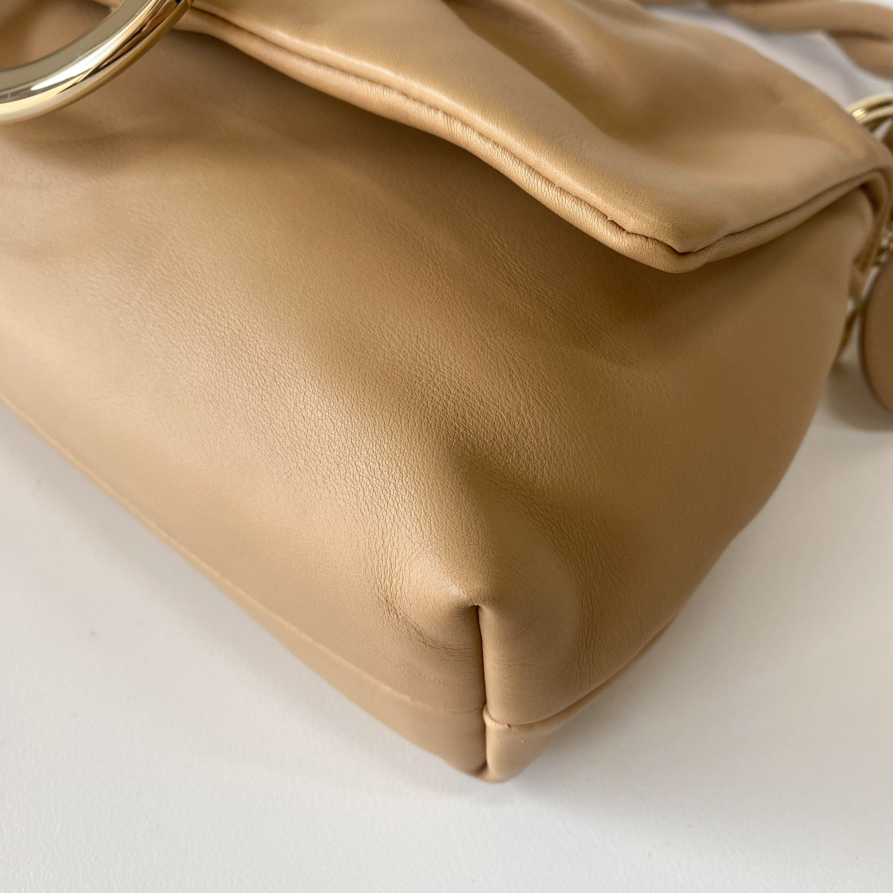 Beige Leather Braided Handle Bag with Charm