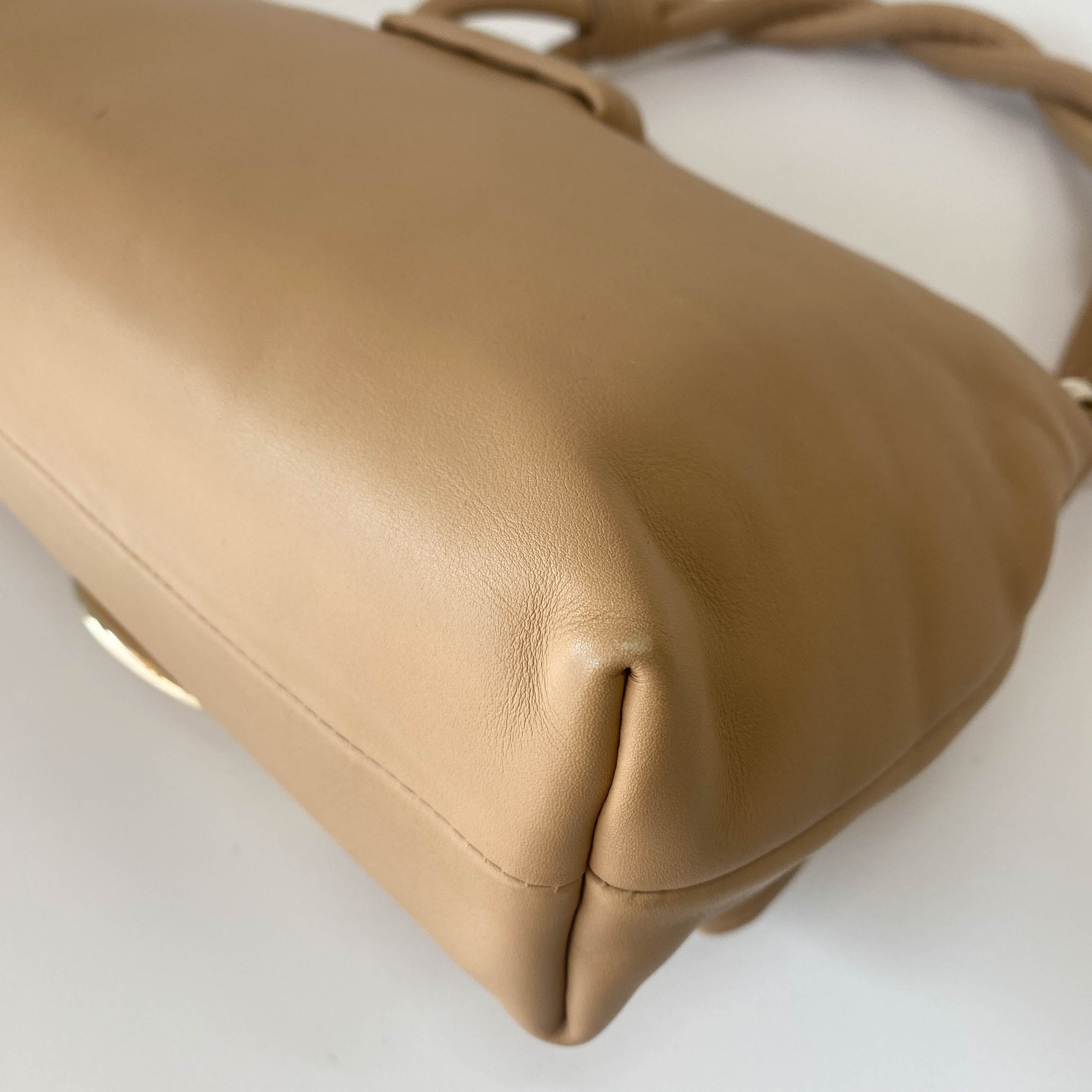 Beige Leather Braided Handle Bag with Charm