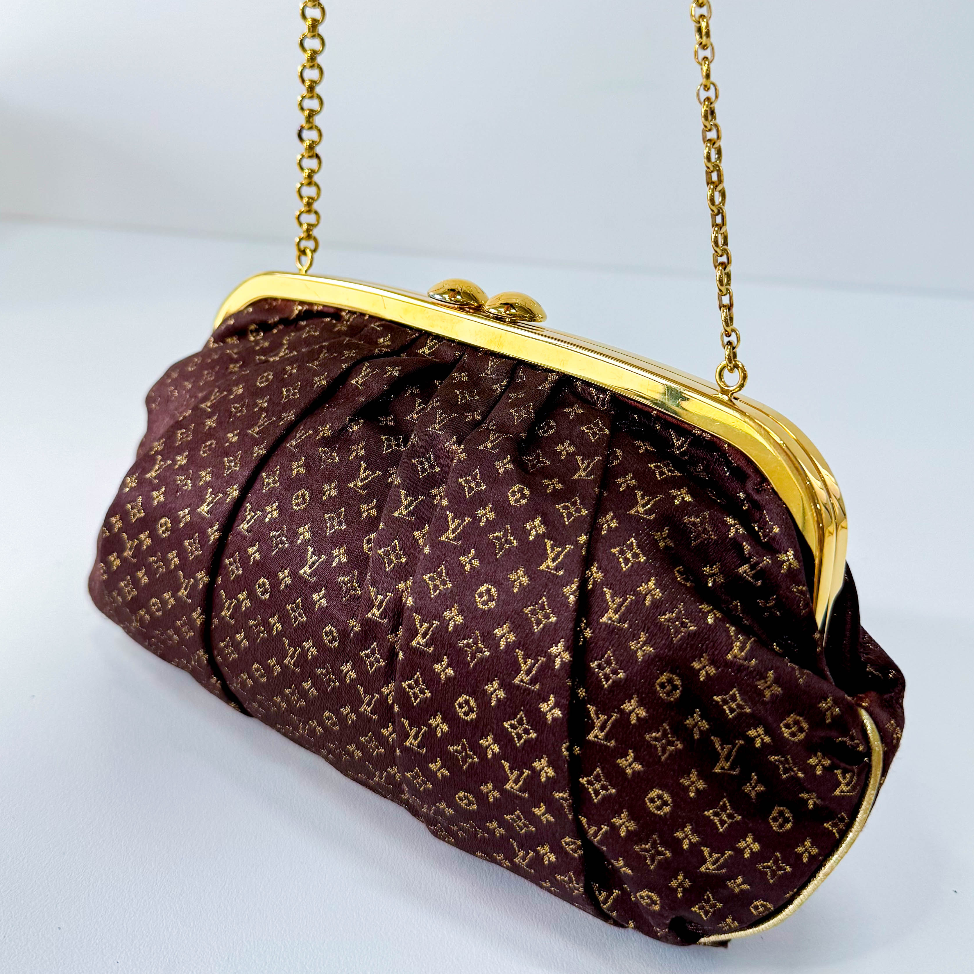 Monogram Satin Aumoniere Evening Clutch Bag