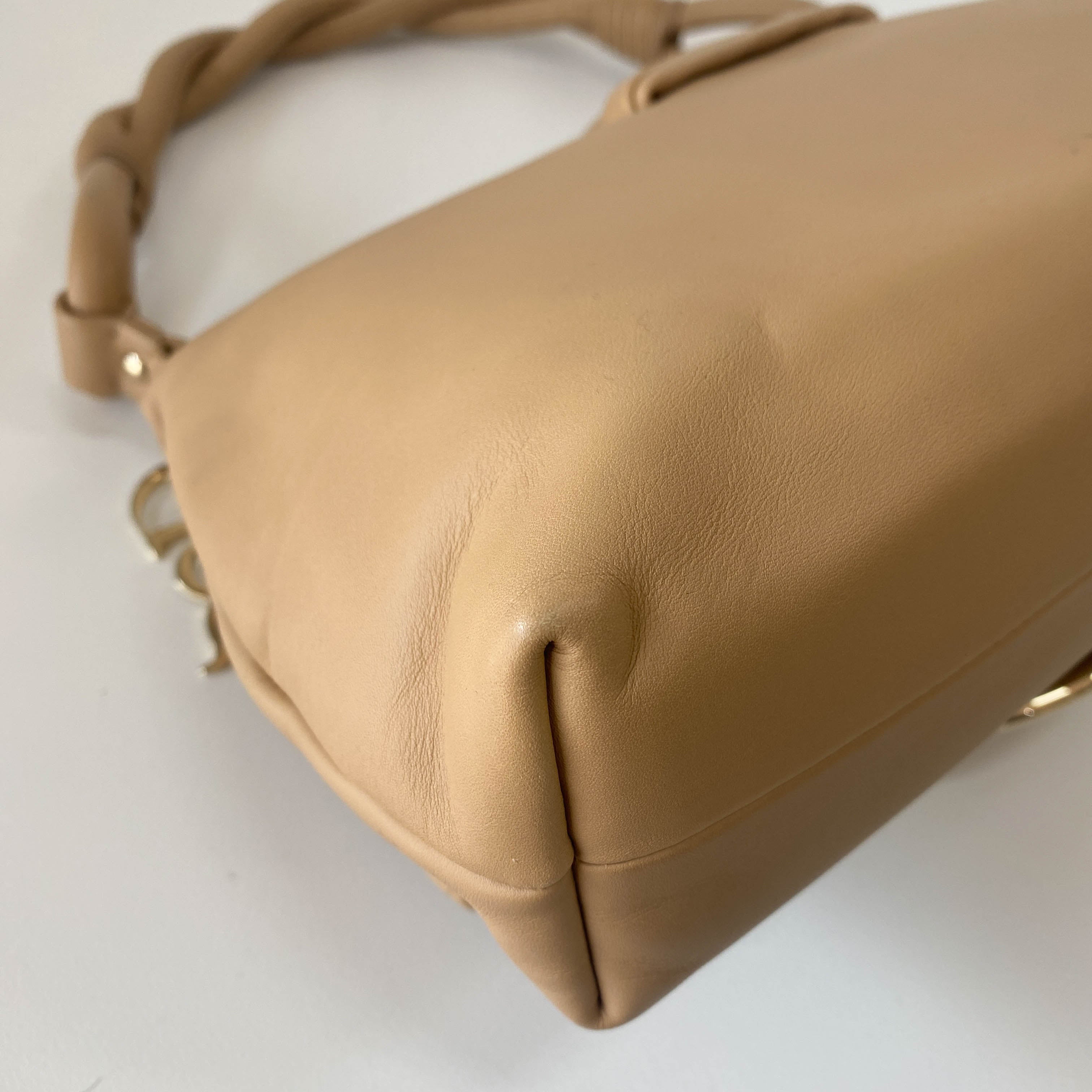 Beige Leather Braided Handle Bag with Charm