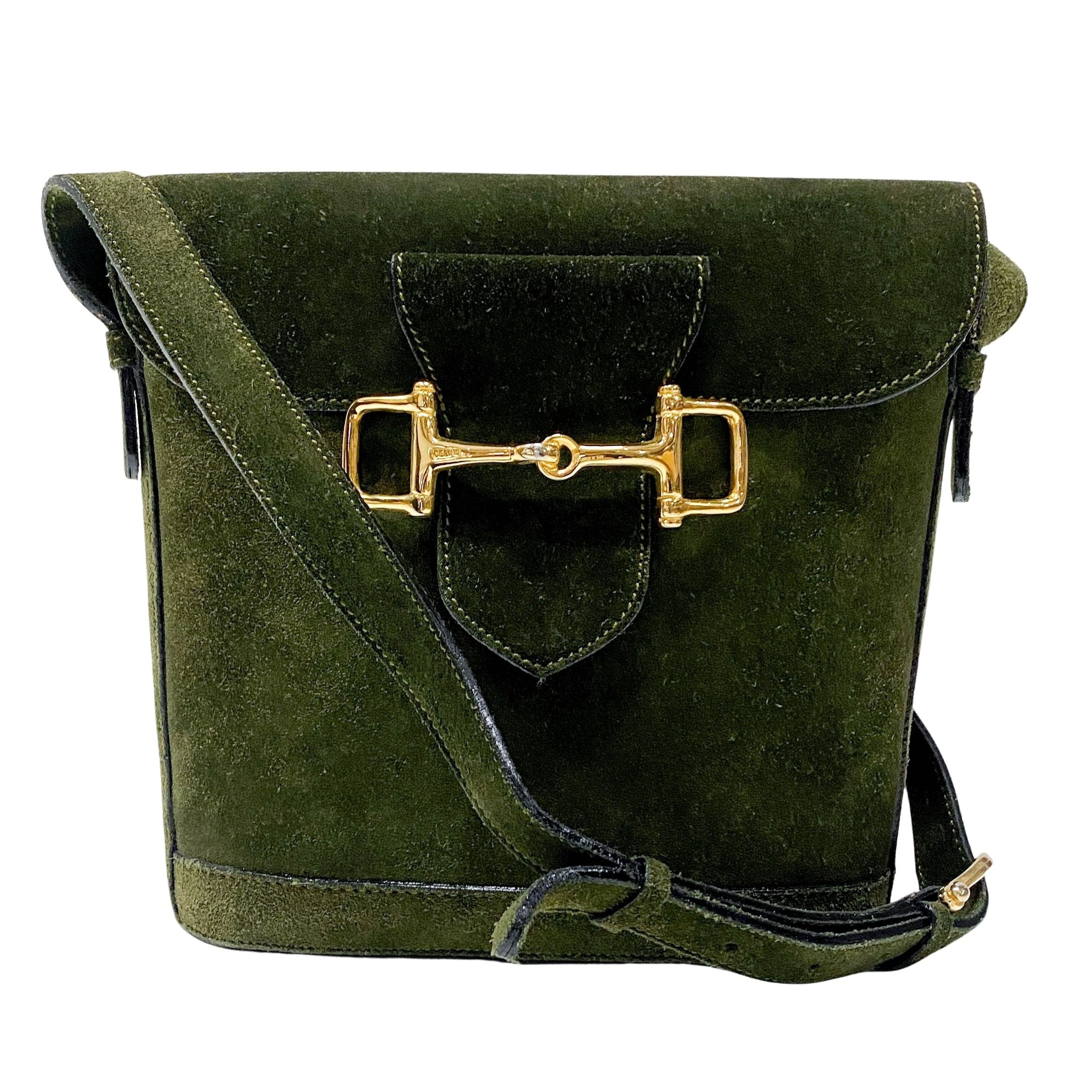 Horsebit Green Suede Shoulder Bag