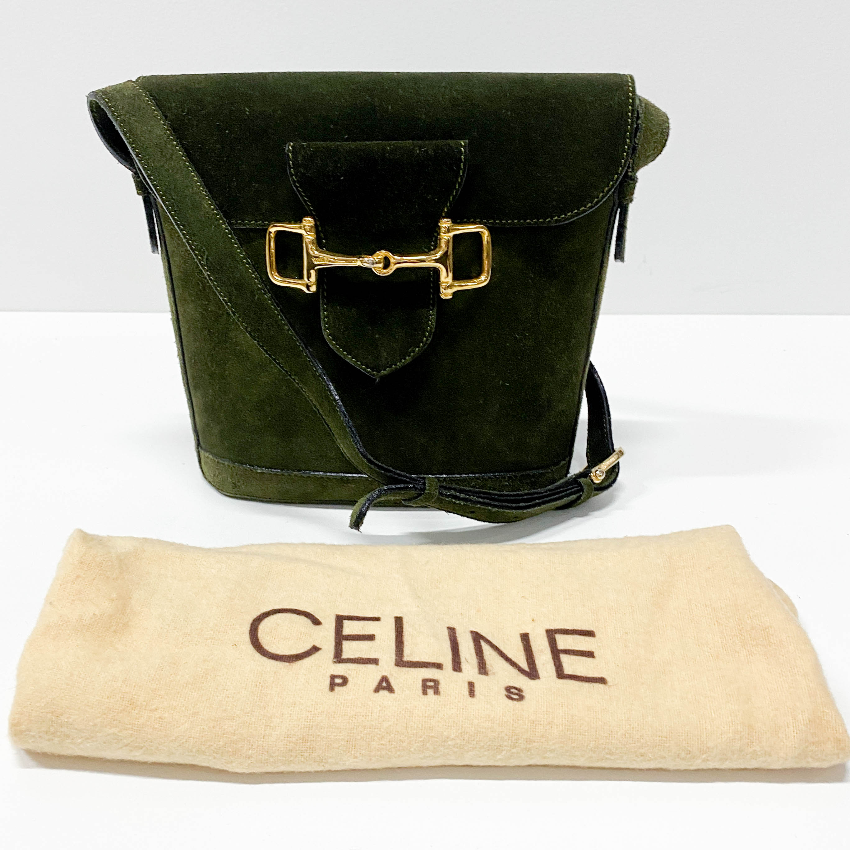 Horsebit Green Suede Shoulder Bag