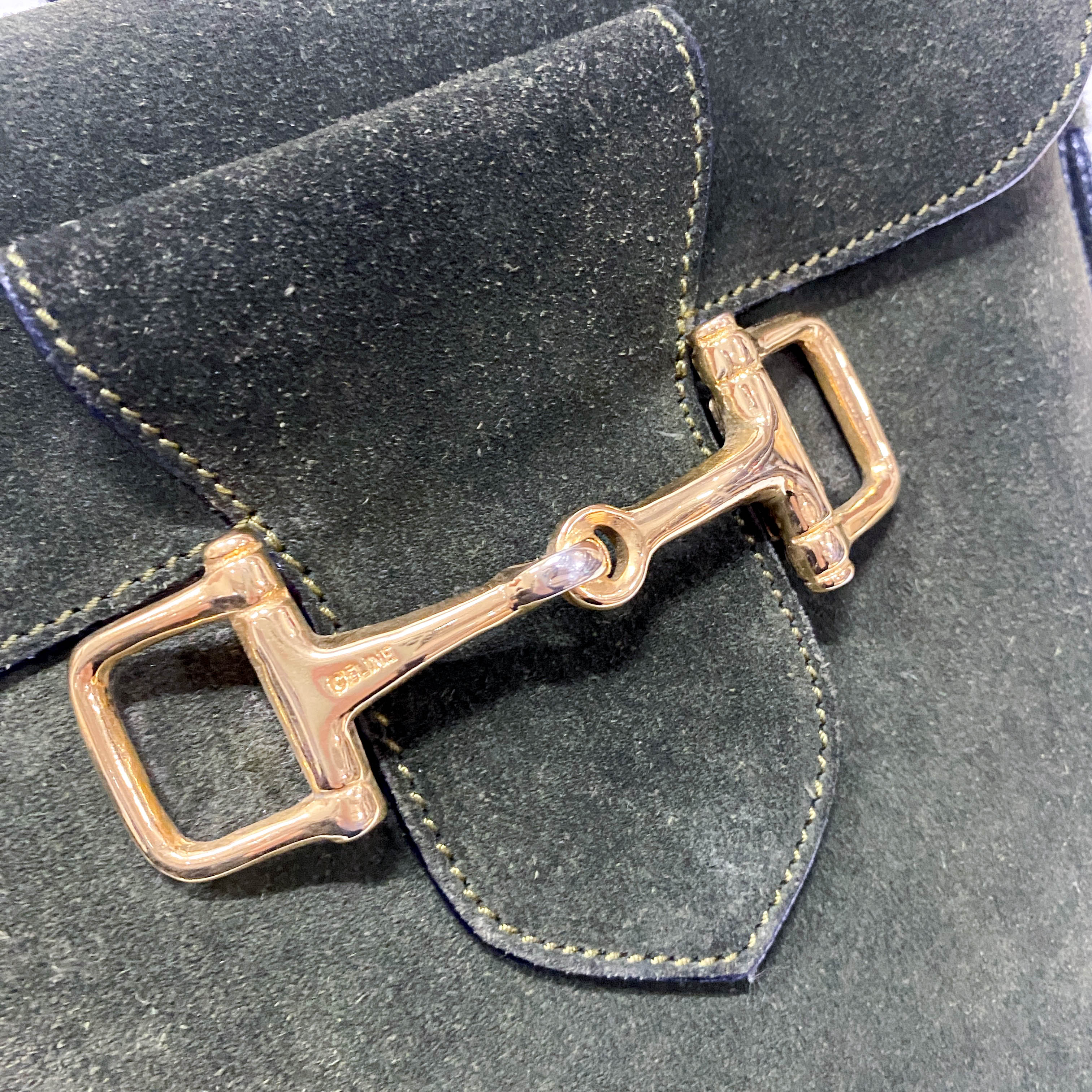 Horsebit Green Suede Shoulder Bag