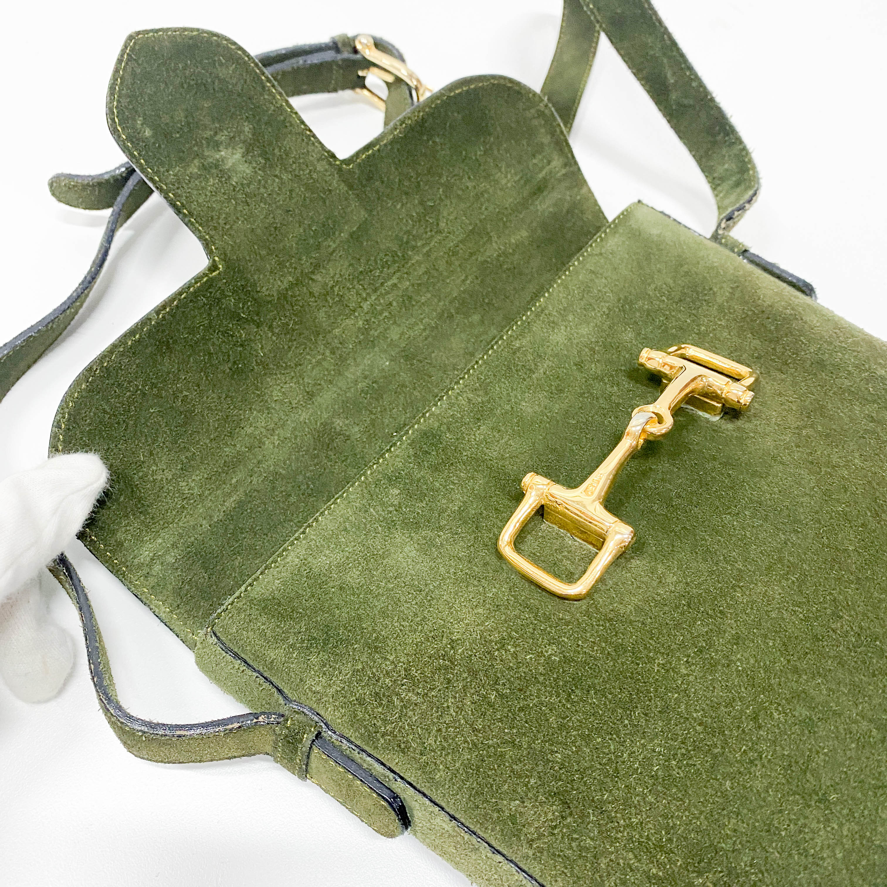 Horsebit Green Suede Shoulder Bag