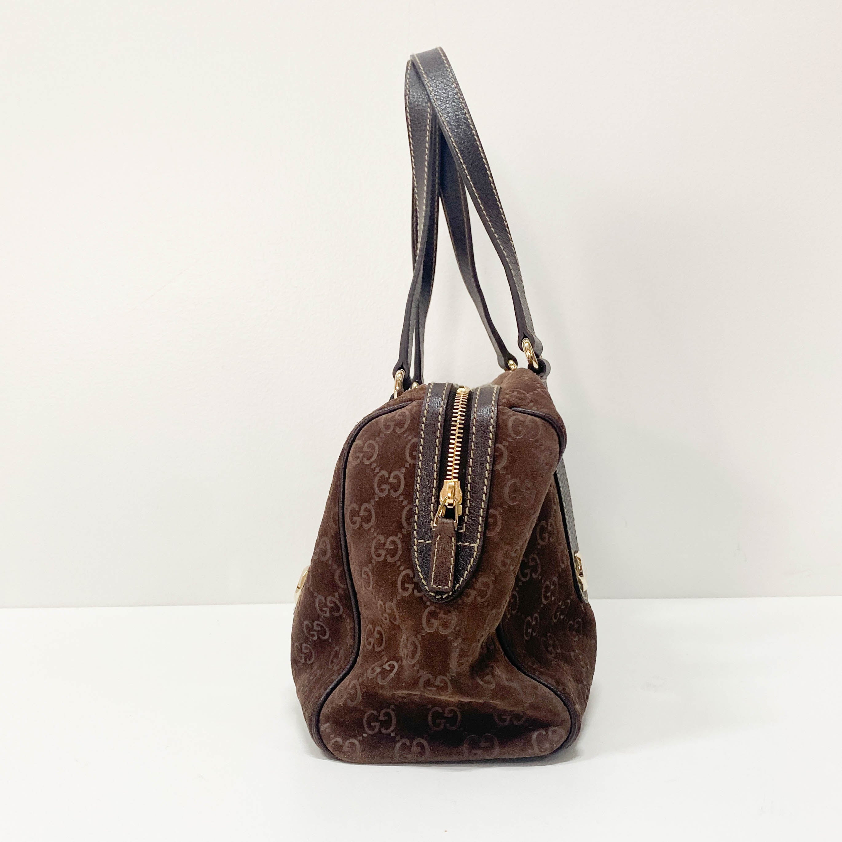 GG Medium Brown Monogram Suede Handbag