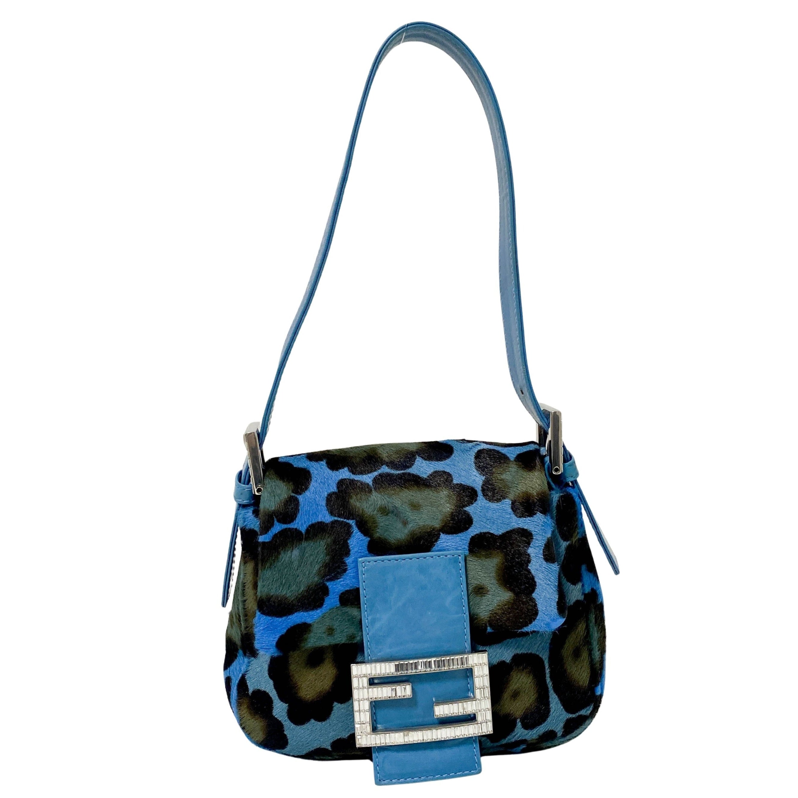 Mini Square Mamma Baguette Leopard Print Pony Hair Rhinestone Shoulder Bag Blue