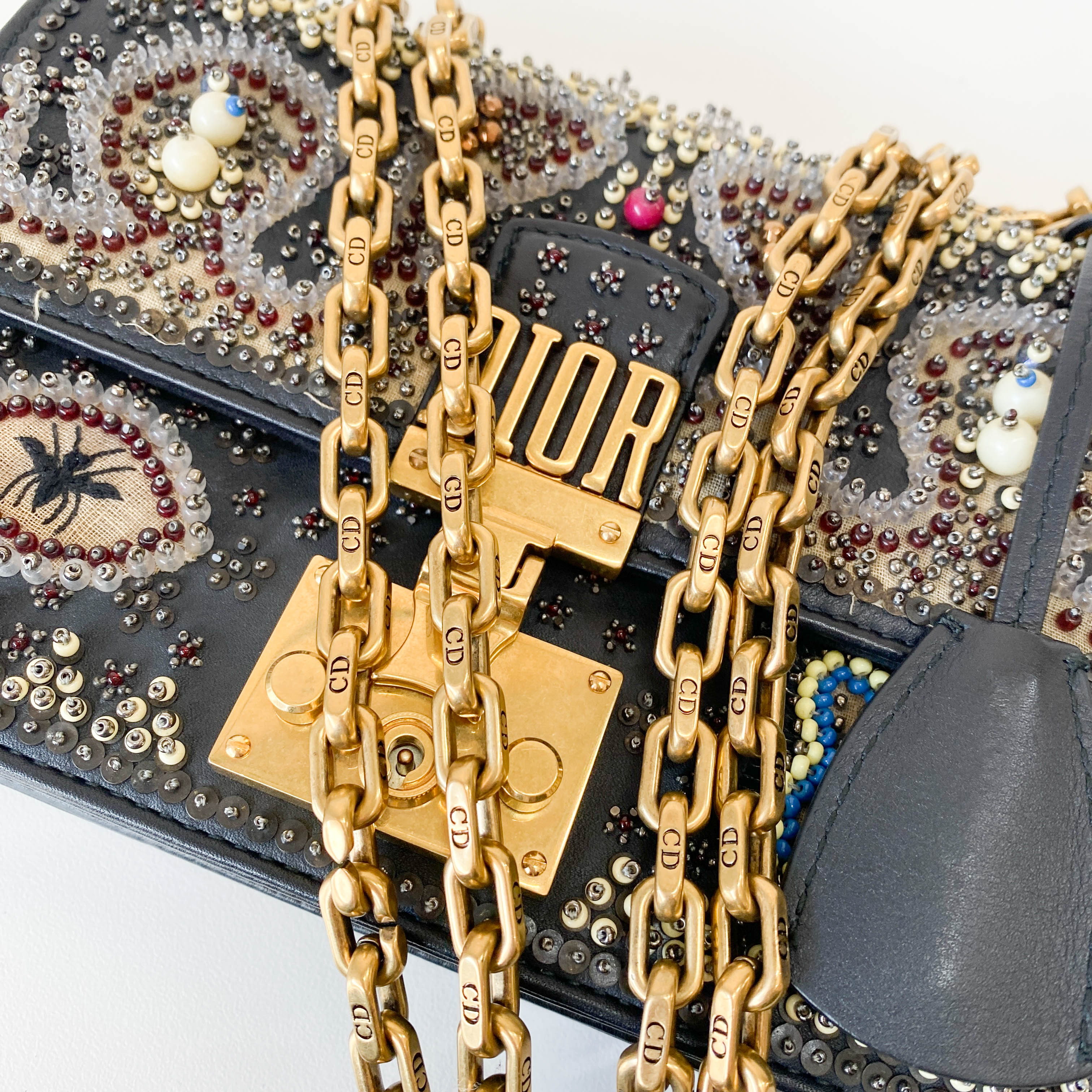 Addict Flap Embroidery Beads and Gold Hardware Chain Bag