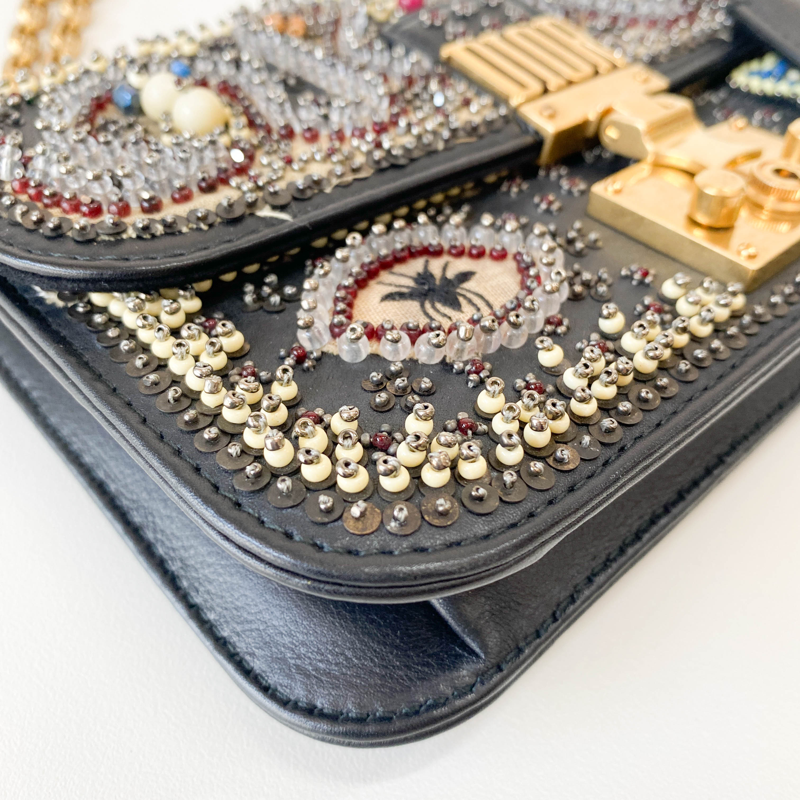 Addict Flap Embroidery Beads and Gold Hardware Chain Bag