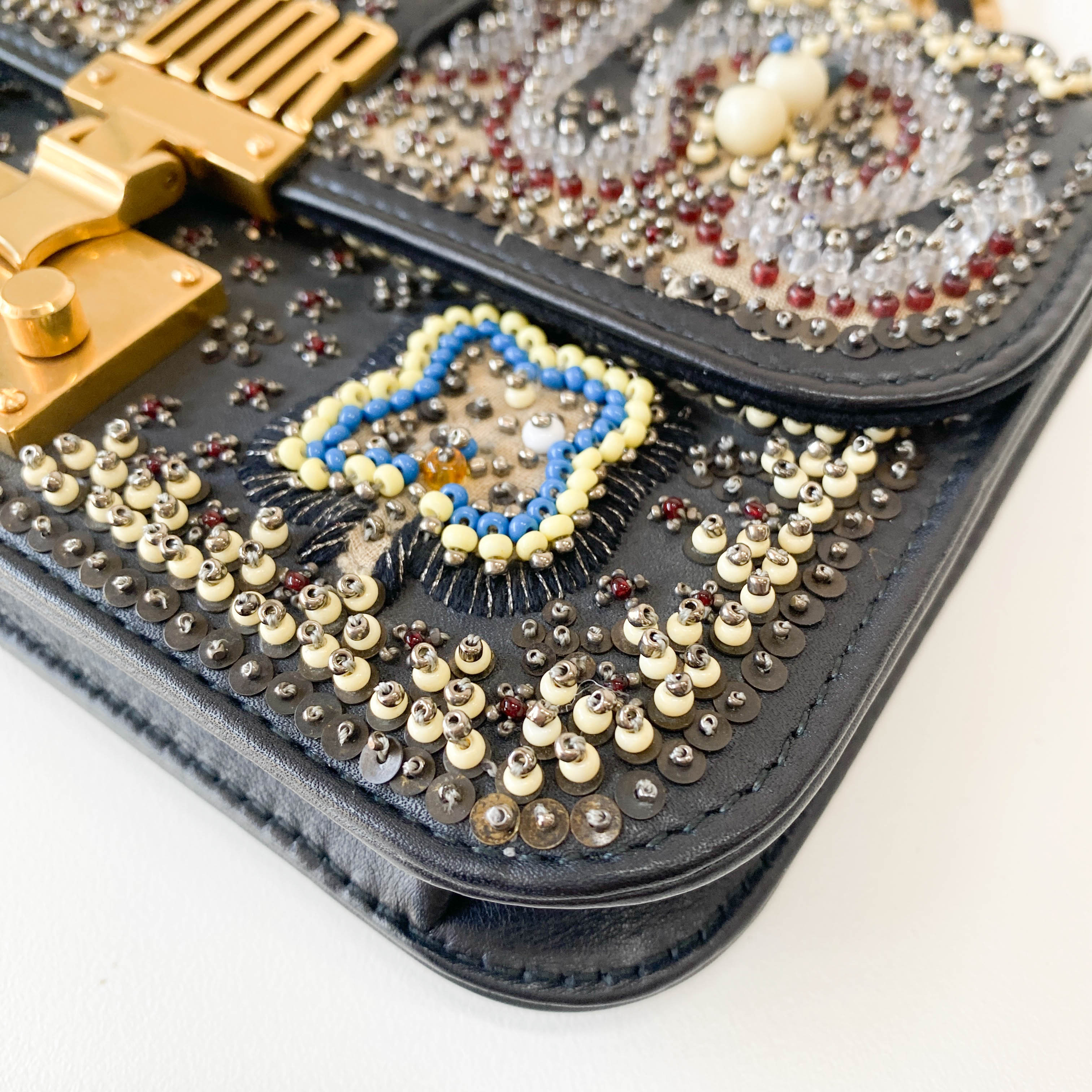 Addict Flap Embroidery Beads and Gold Hardware Chain Bag
