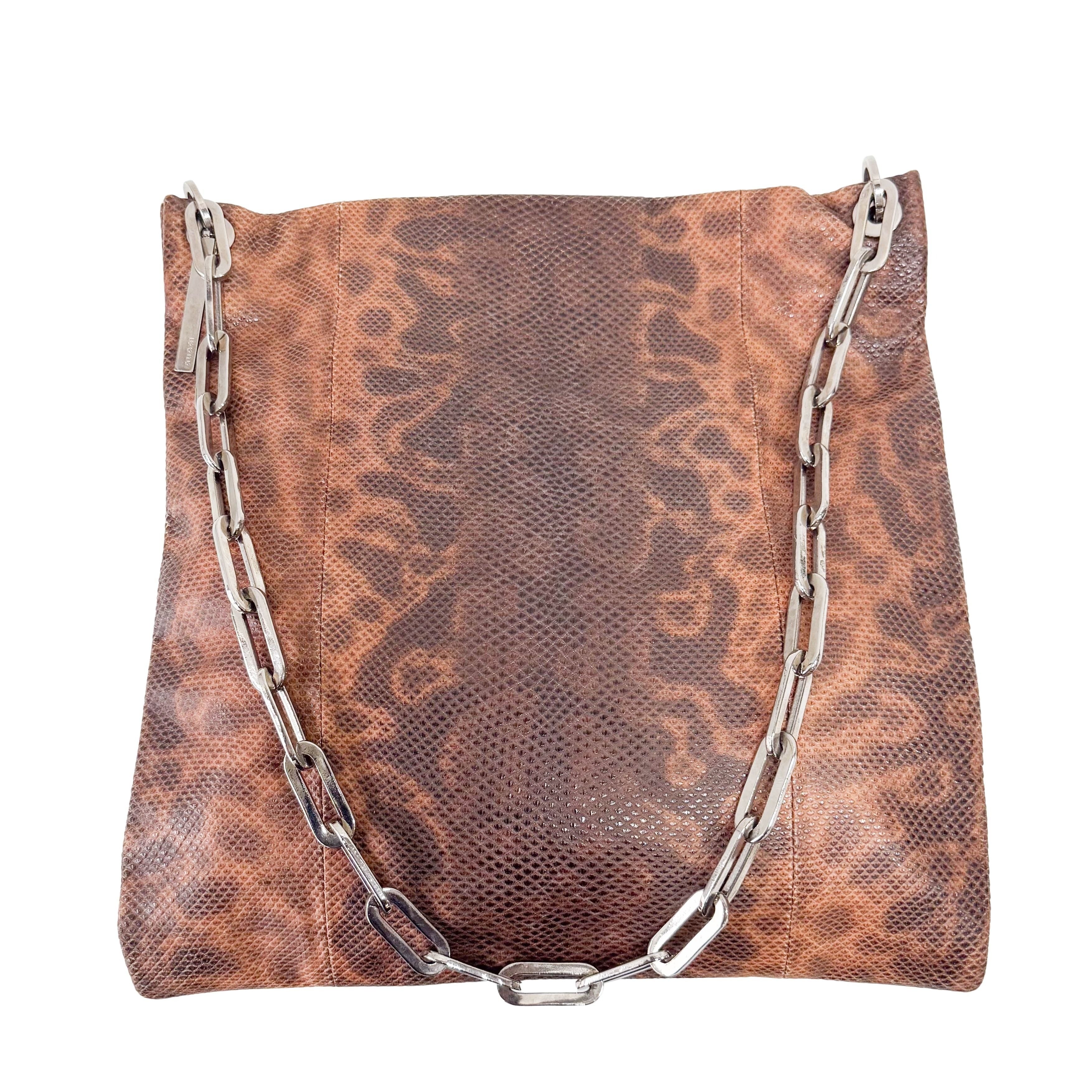 Brown Python Embossed Leather Chain Shoulder Bag