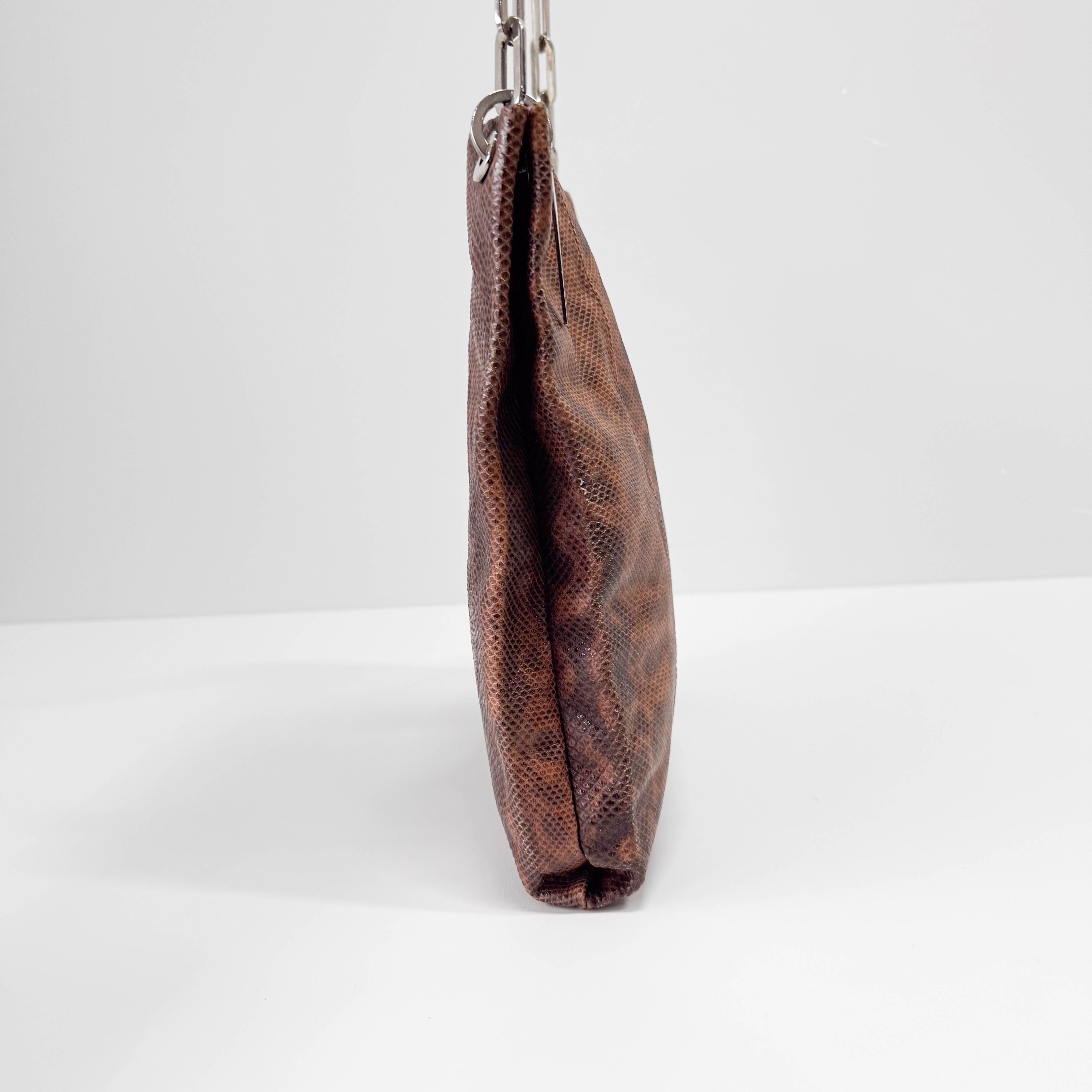 Brown Python Embossed Leather Chain Shoulder Bag