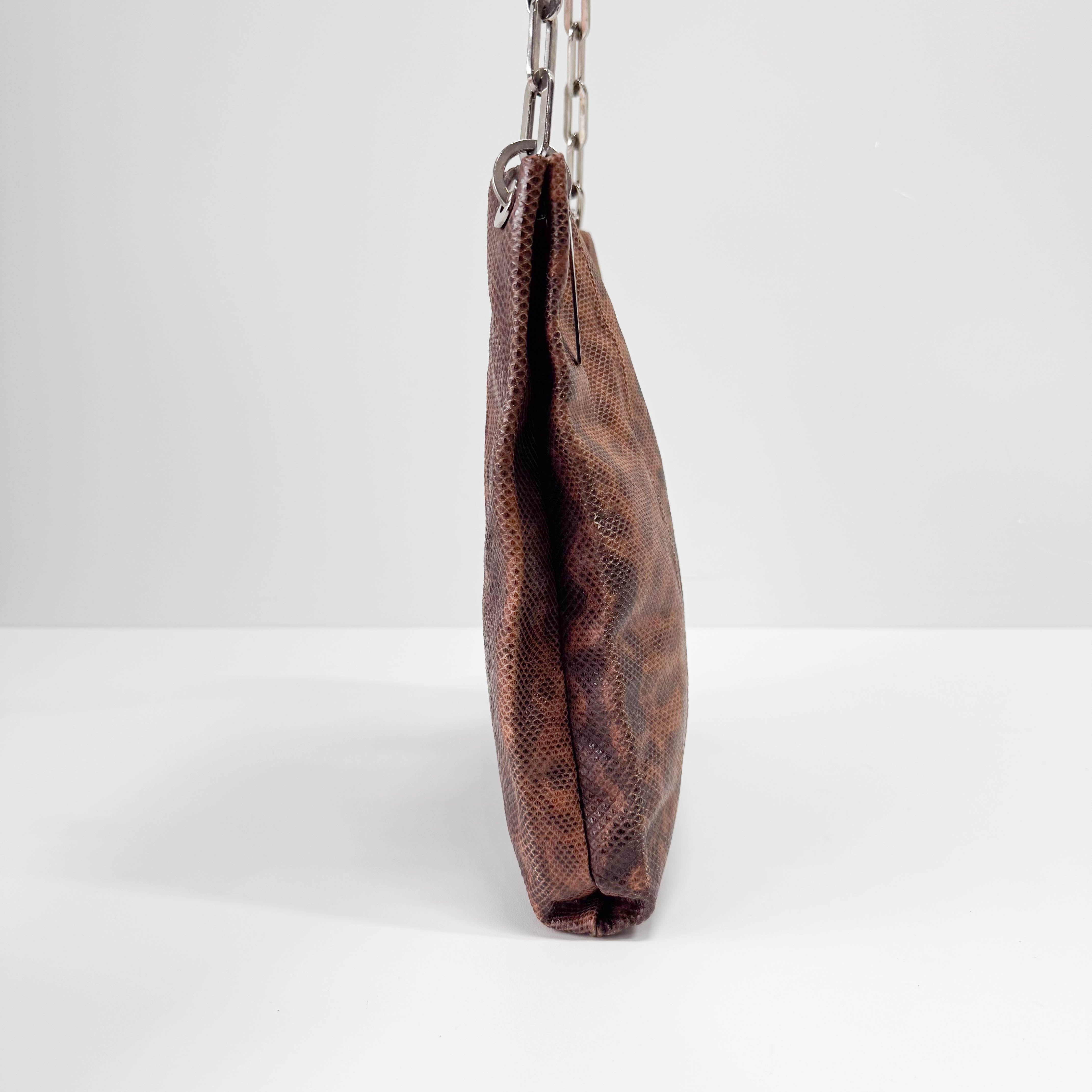 Brown Python Embossed Leather Chain Shoulder Bag