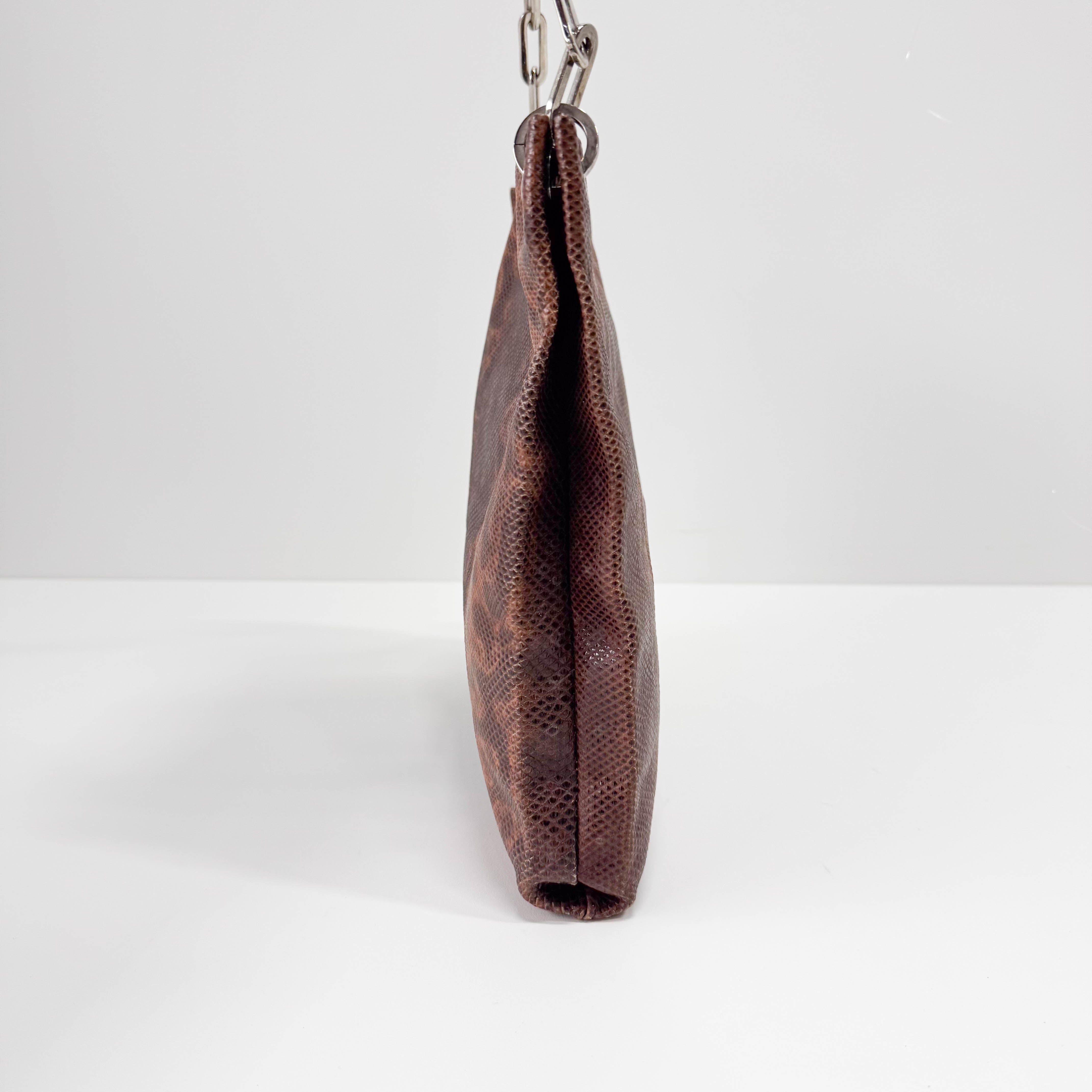 Brown Python Embossed Leather Chain Shoulder Bag