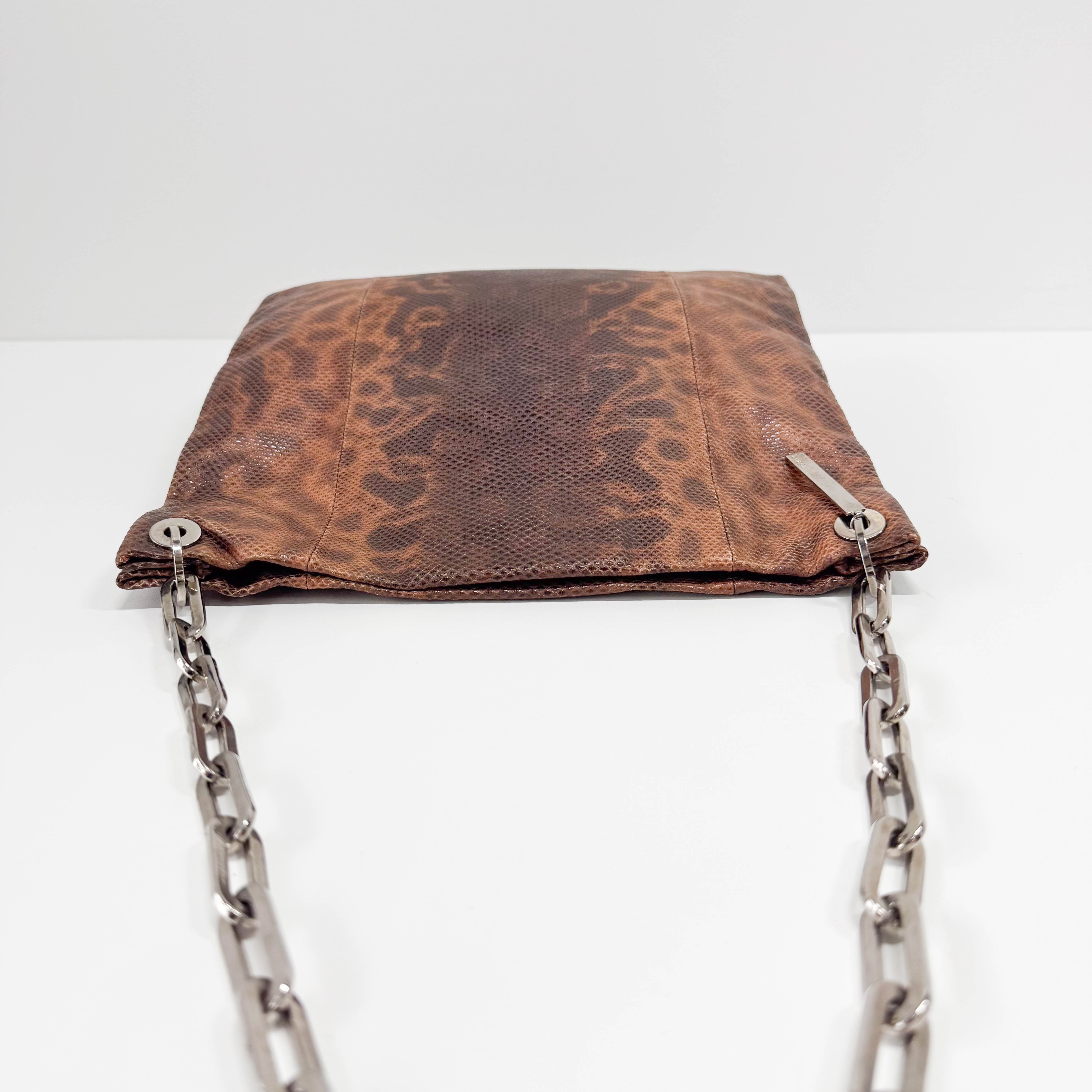 Brown Python Embossed Leather Chain Shoulder Bag