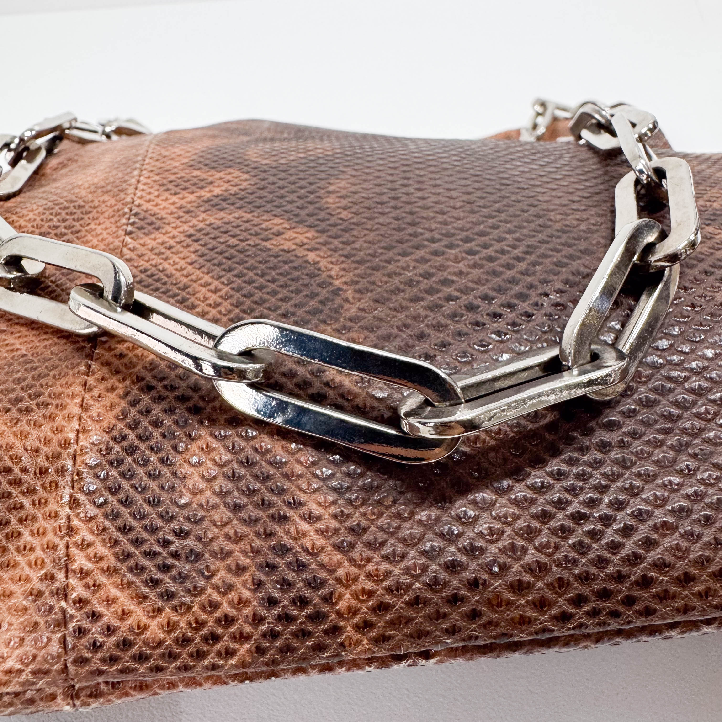 Brown Python Embossed Leather Chain Shoulder Bag