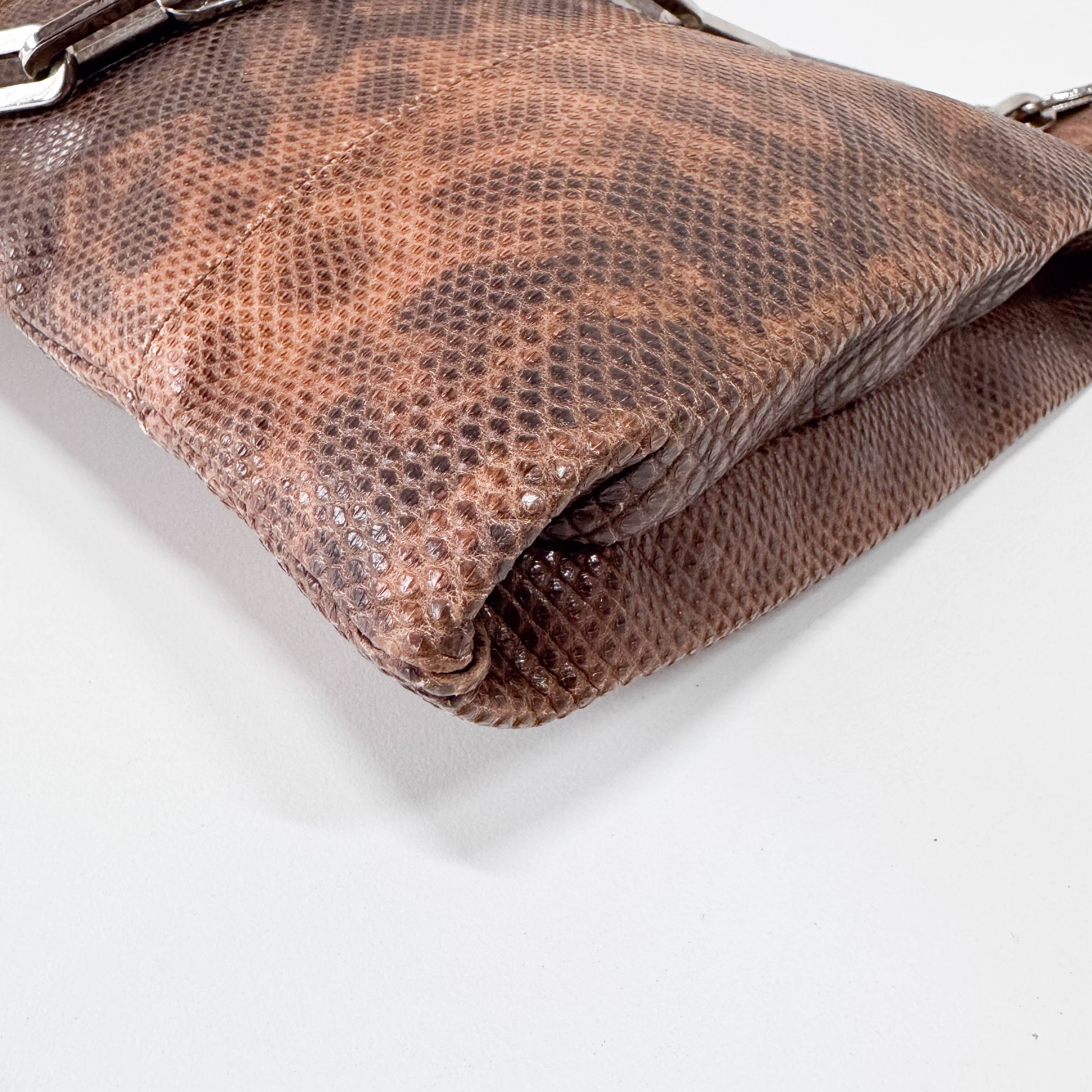 Brown Python Embossed Leather Chain Shoulder Bag