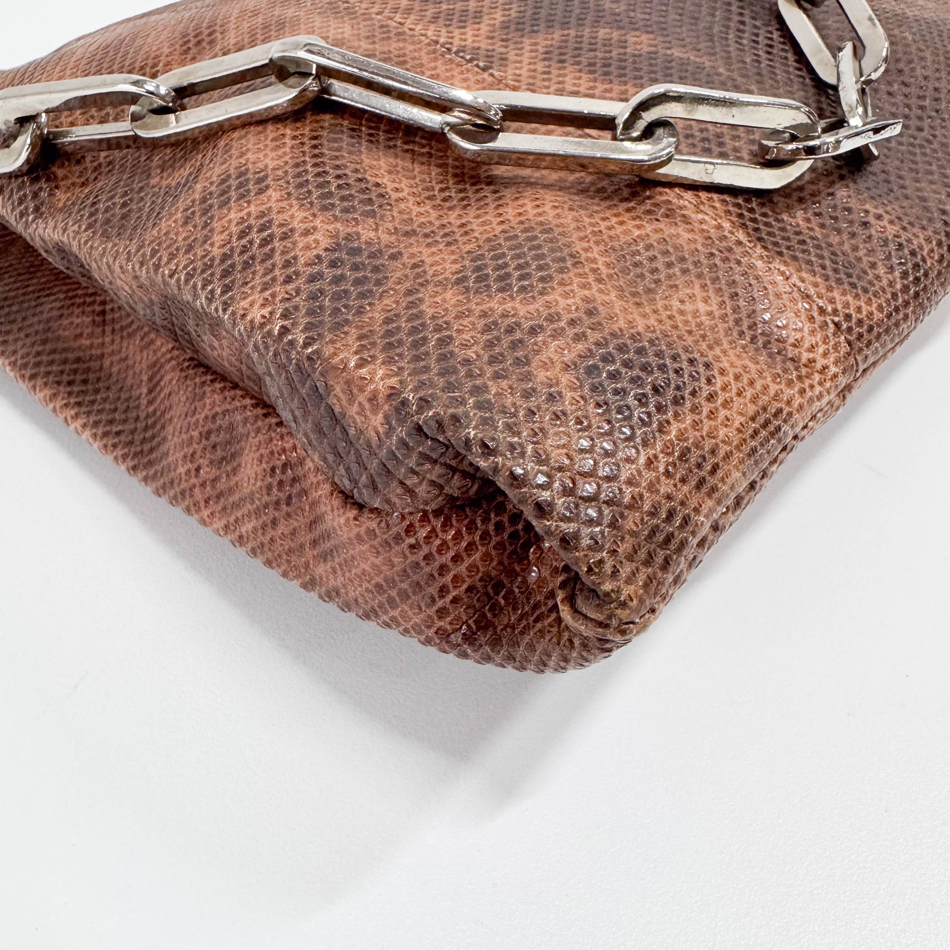 Brown Python Embossed Leather Chain Shoulder Bag