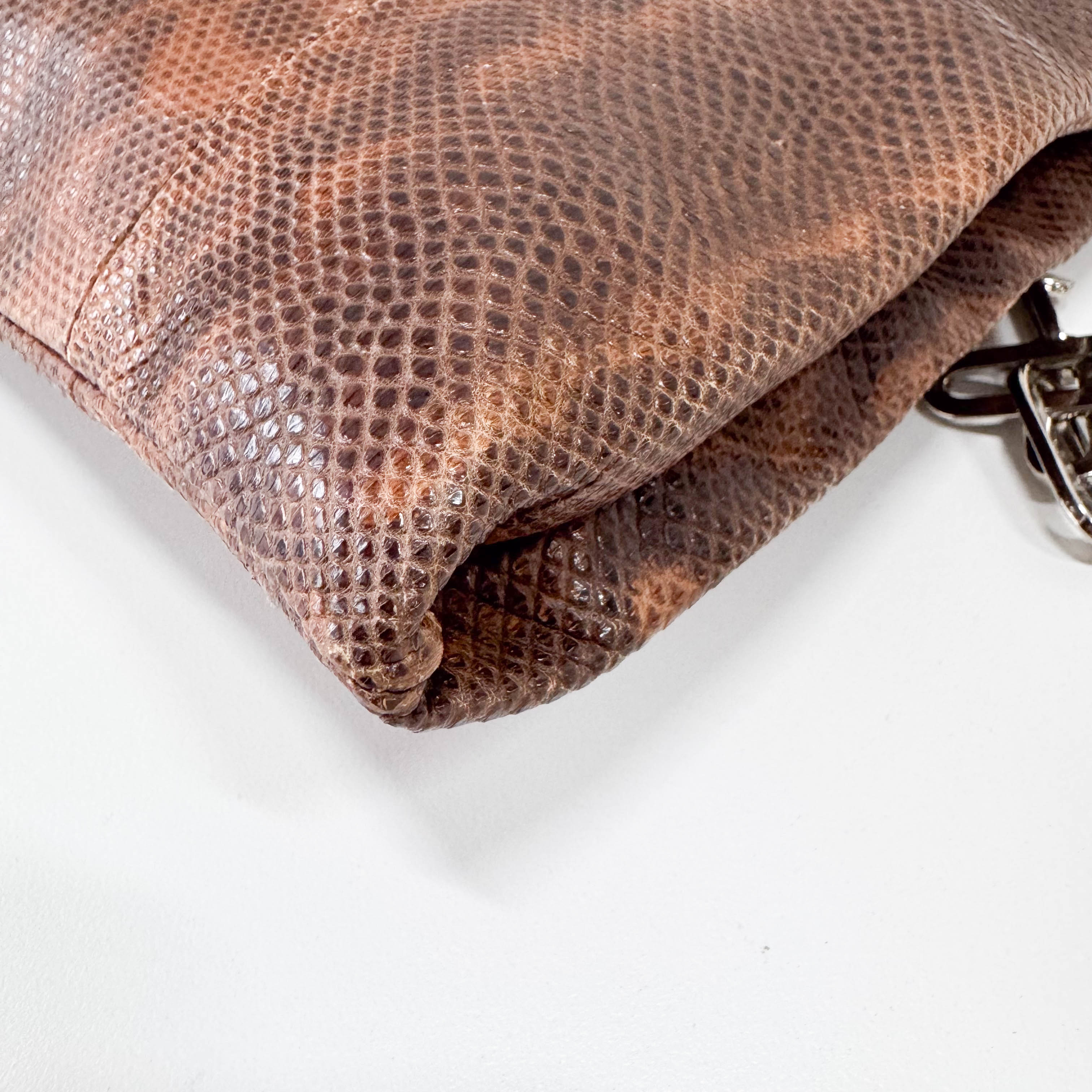 Brown Python Embossed Leather Chain Shoulder Bag