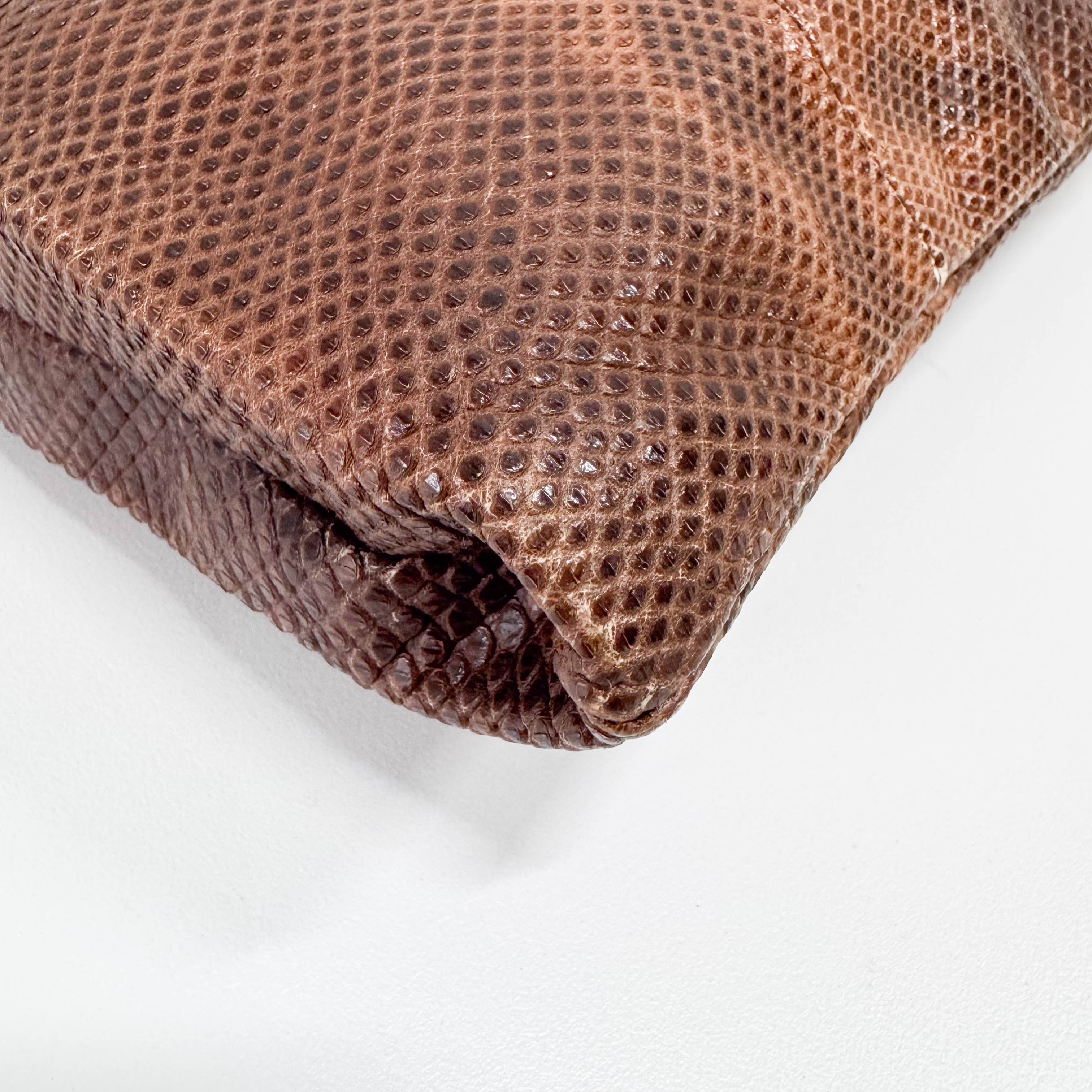 Brown Python Embossed Leather Chain Shoulder Bag