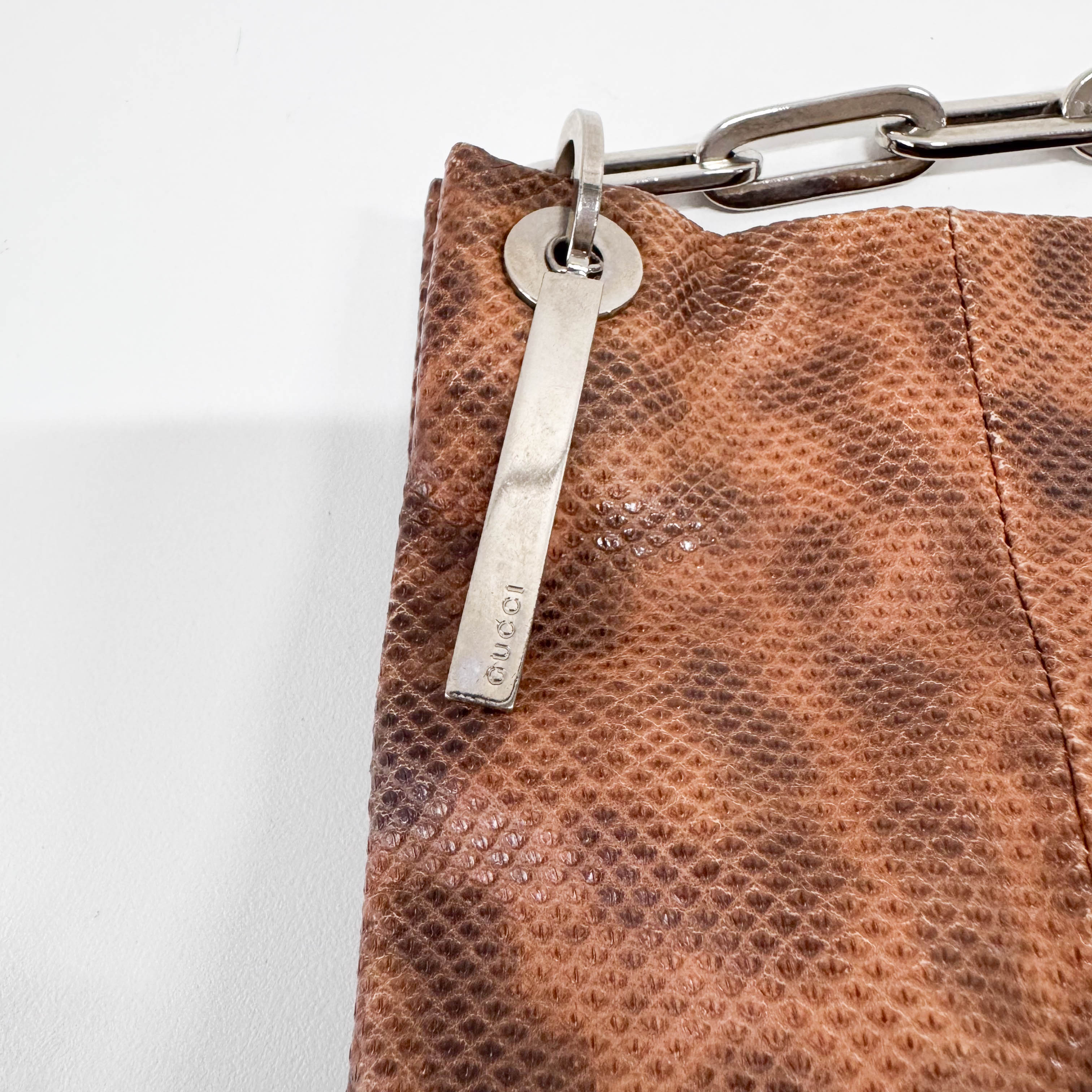 Brown Python Embossed Leather Chain Shoulder Bag