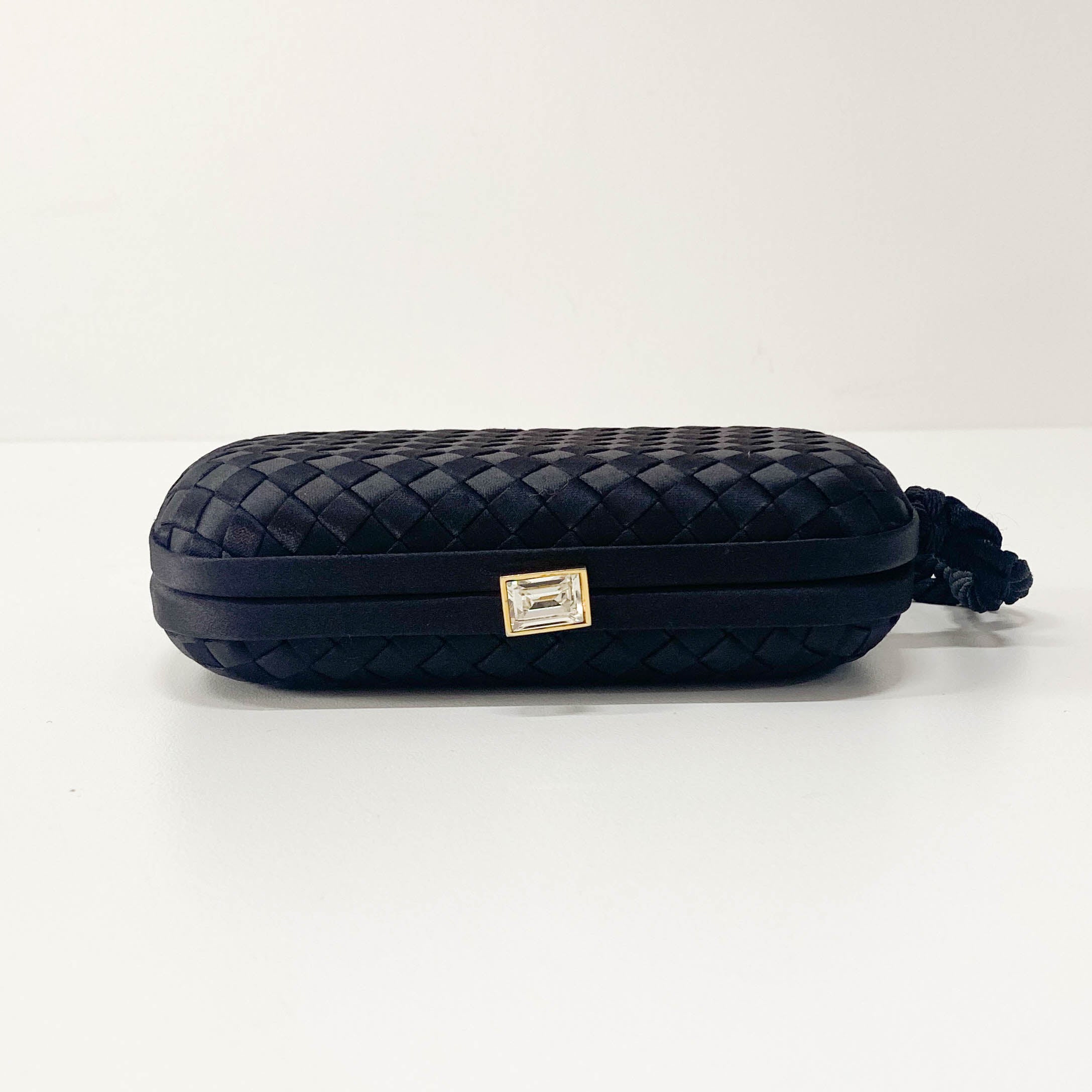 Intrecciato Black Satin Mini Clutch Bag