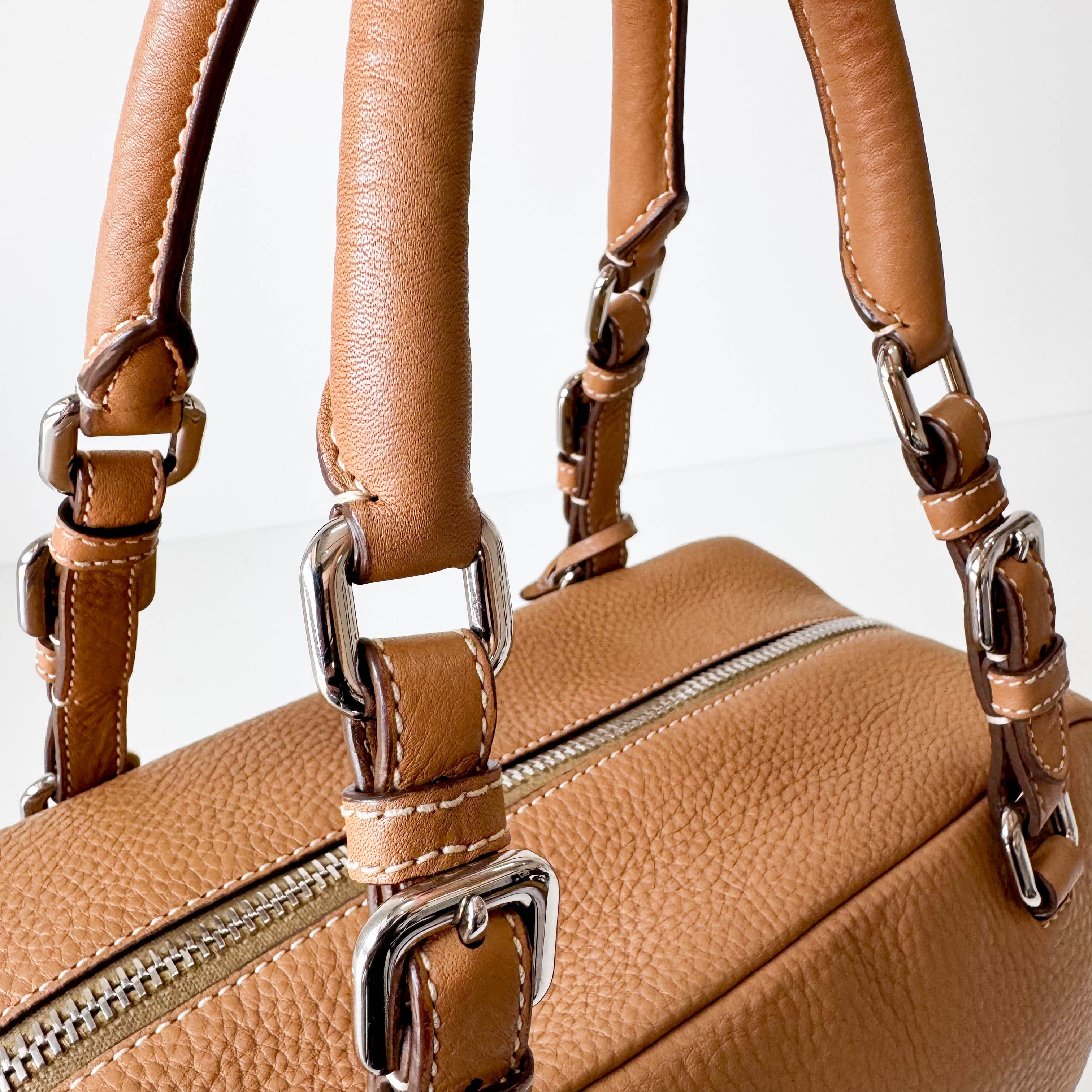 Beige Leather Bowling Shoulder Bag