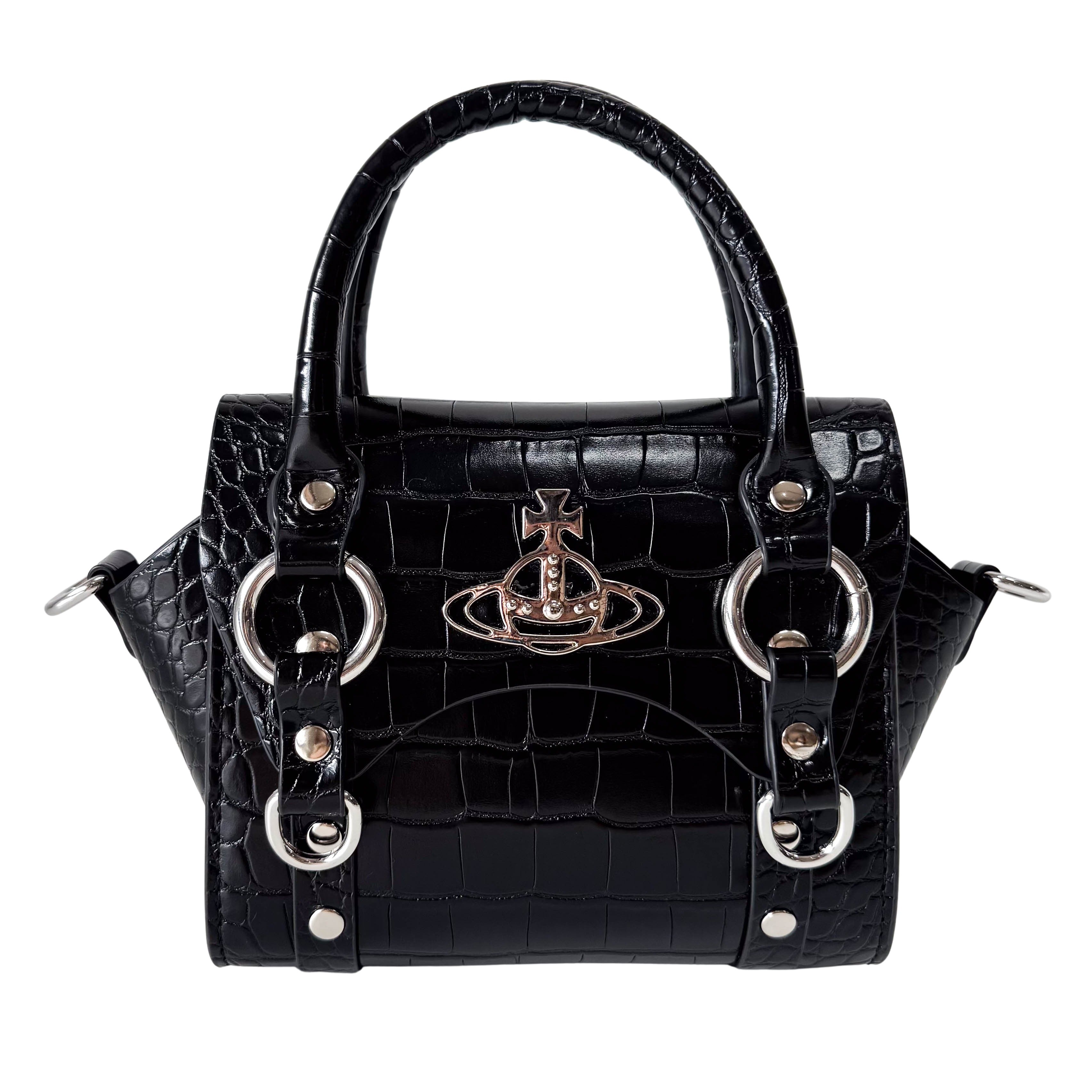 Croc Embossed Black Leather Chain Shoulder Bag