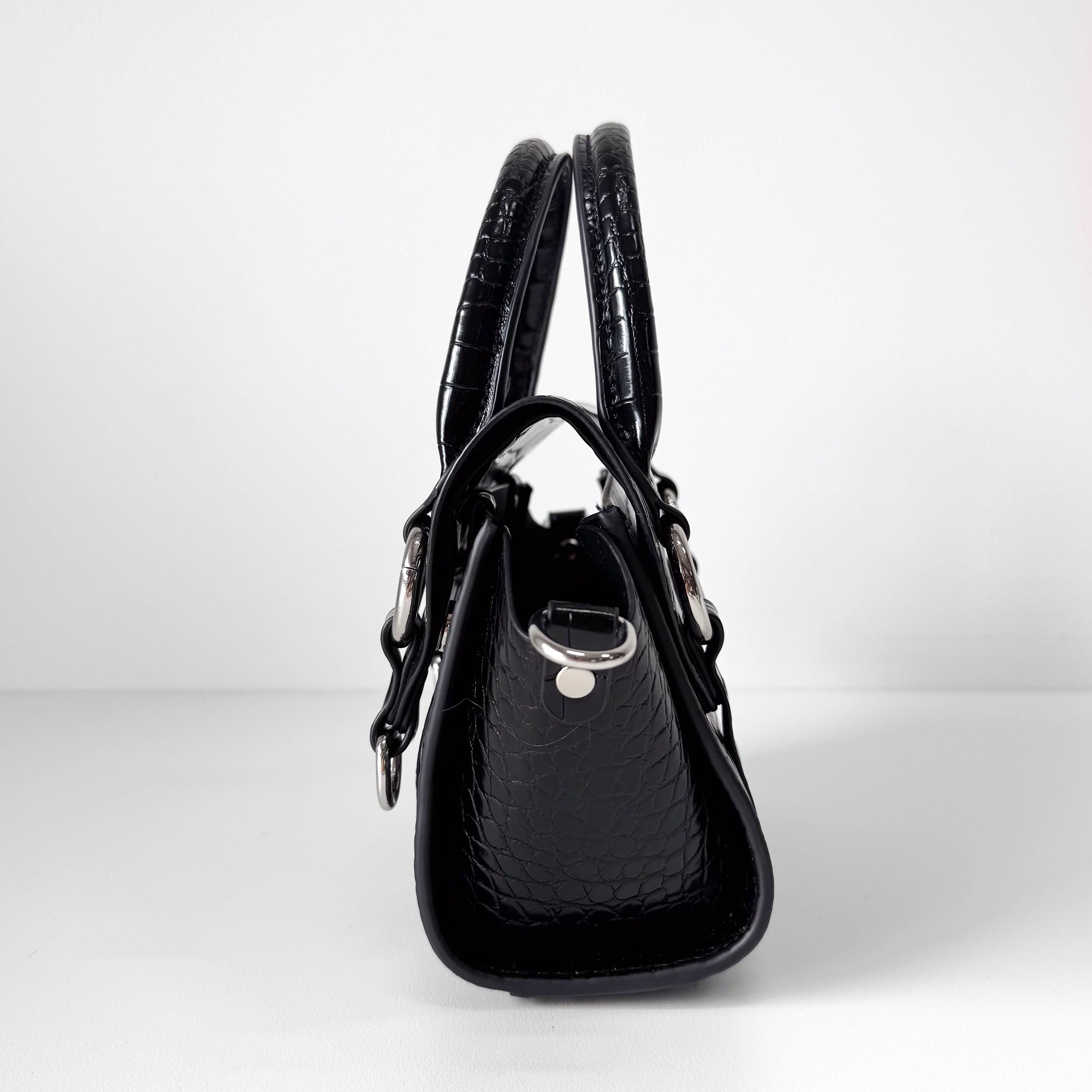 Croc Embossed Black Leather Chain Shoulder Bag
