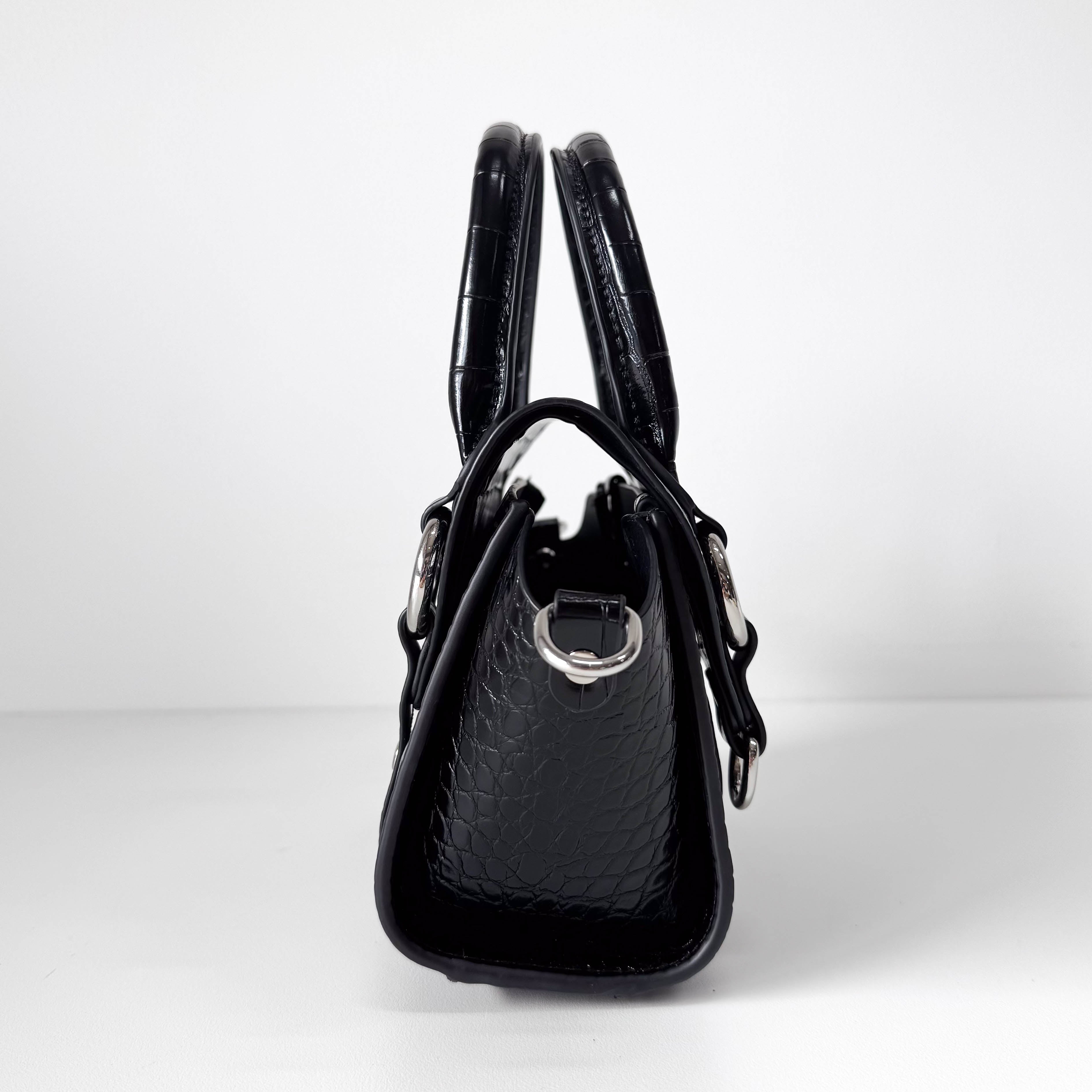 Croc Embossed Black Leather Chain Shoulder Bag
