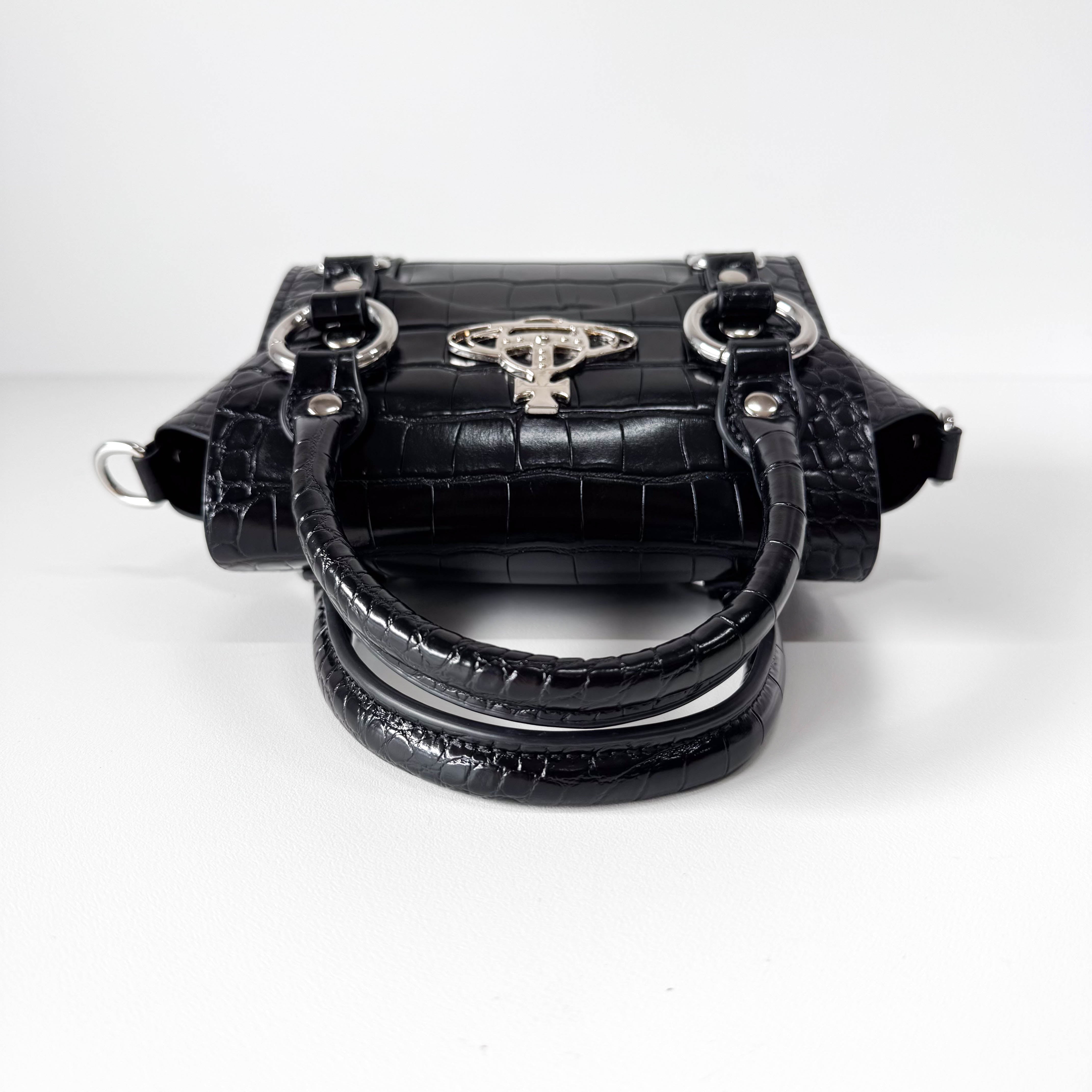 Croc Embossed Black Leather Chain Shoulder Bag