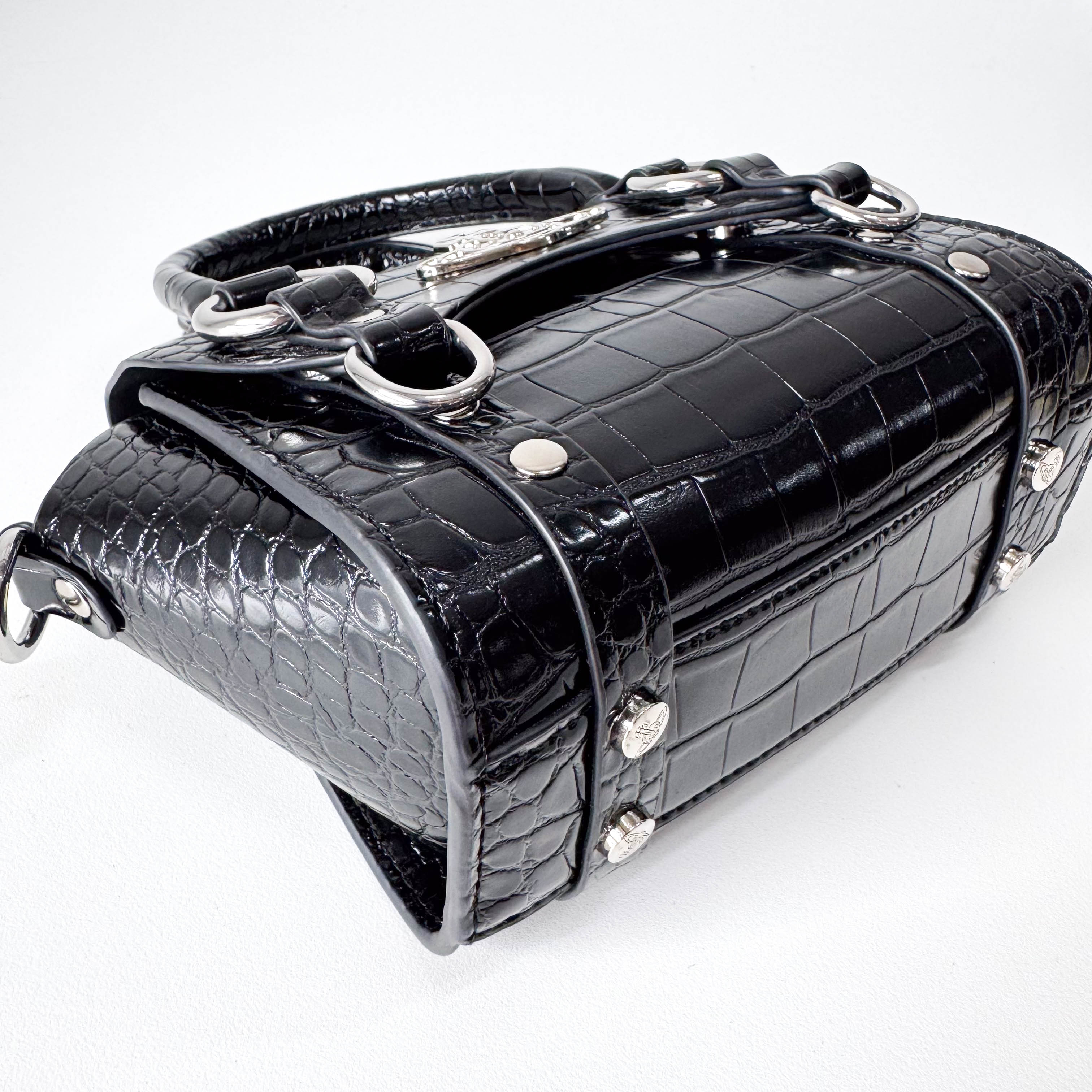 Croc Embossed Black Leather Chain Shoulder Bag