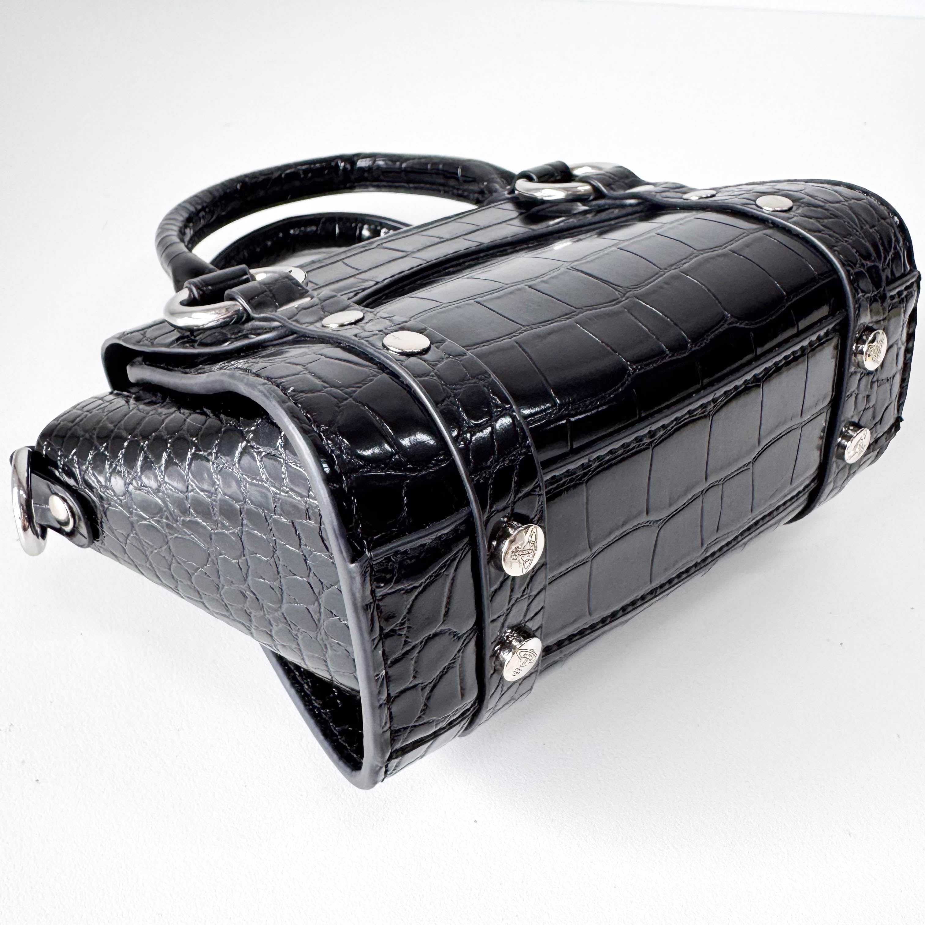 Croc Embossed Black Leather Chain Shoulder Bag