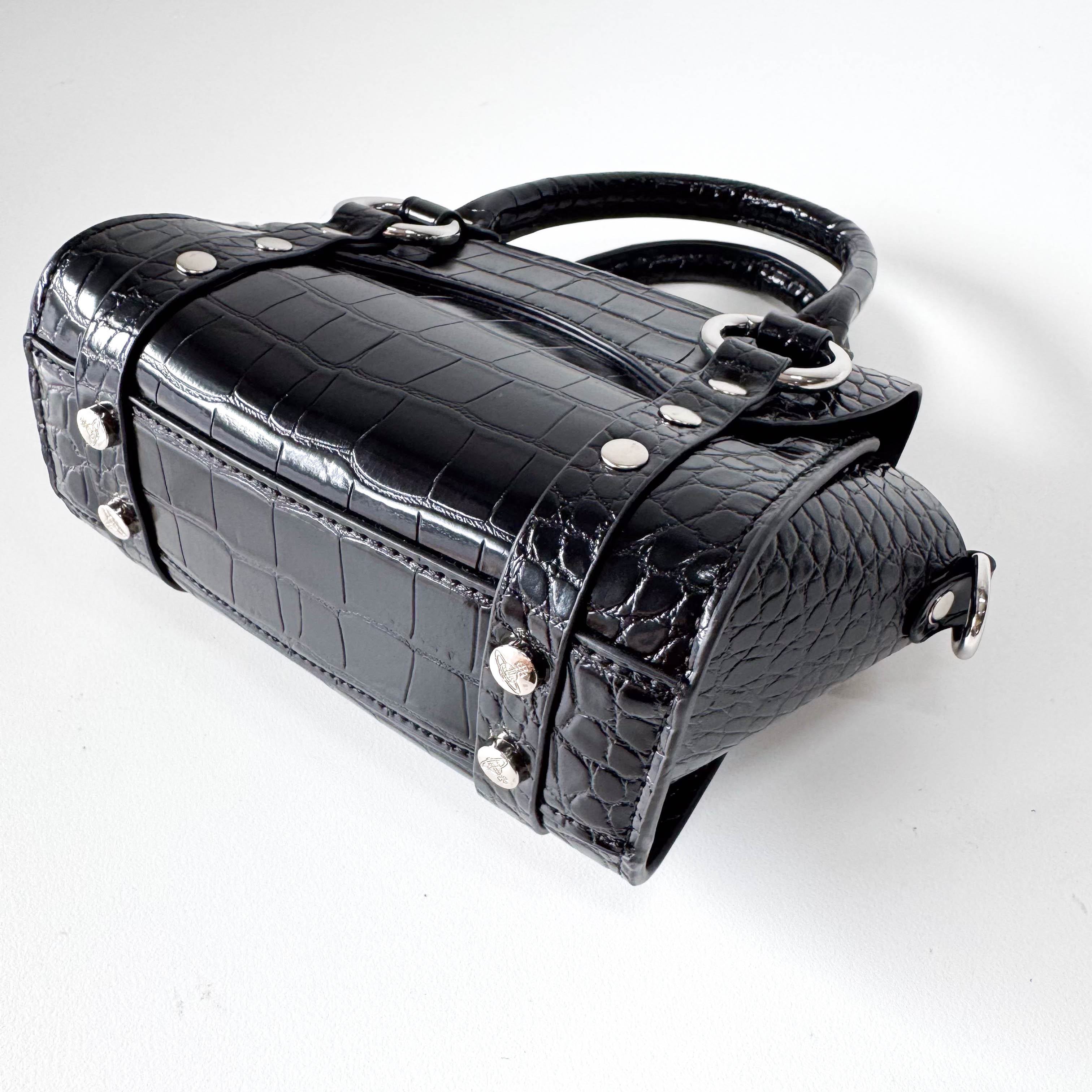Croc Embossed Black Leather Chain Shoulder Bag