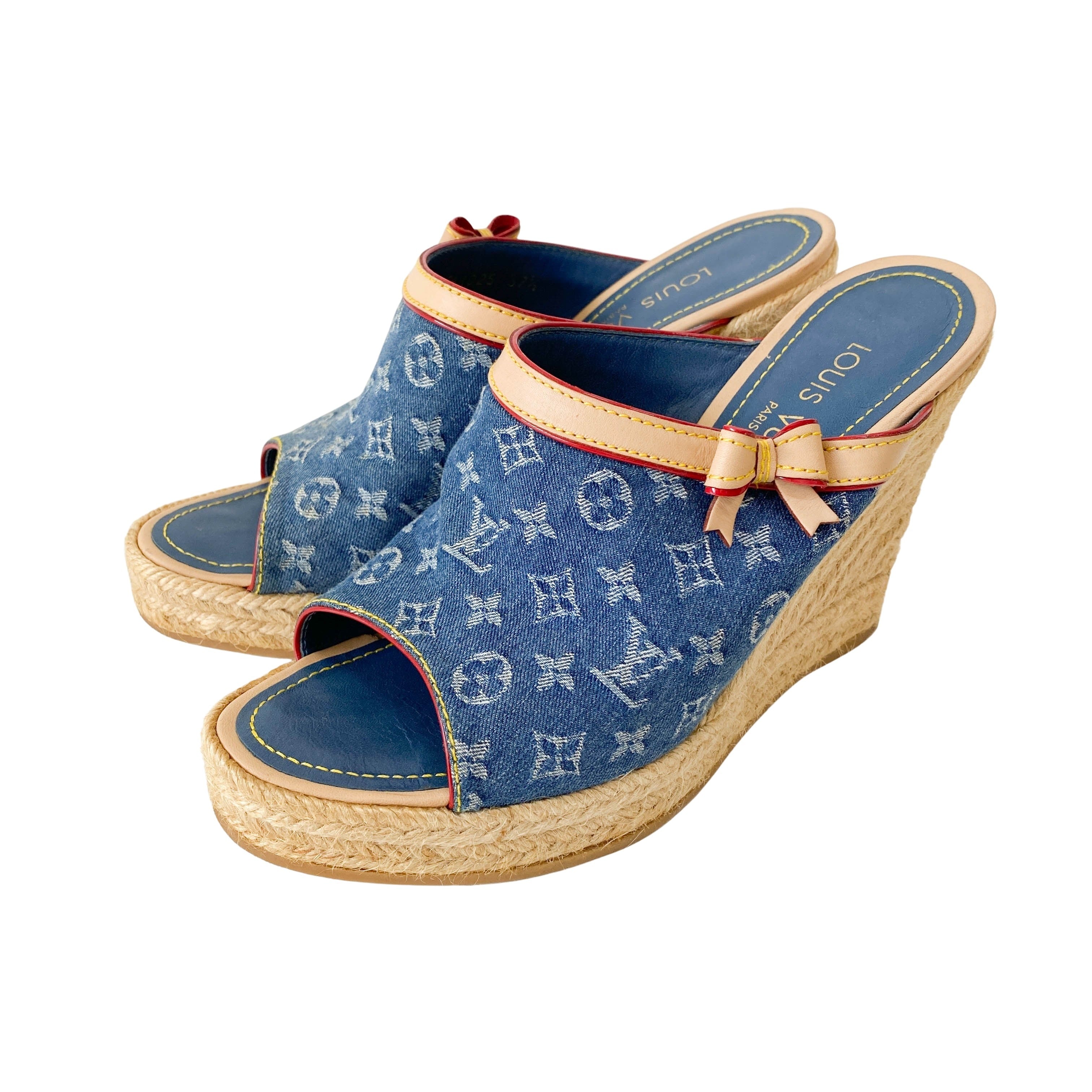 Monogram Denim and Straw Mule Sandals
