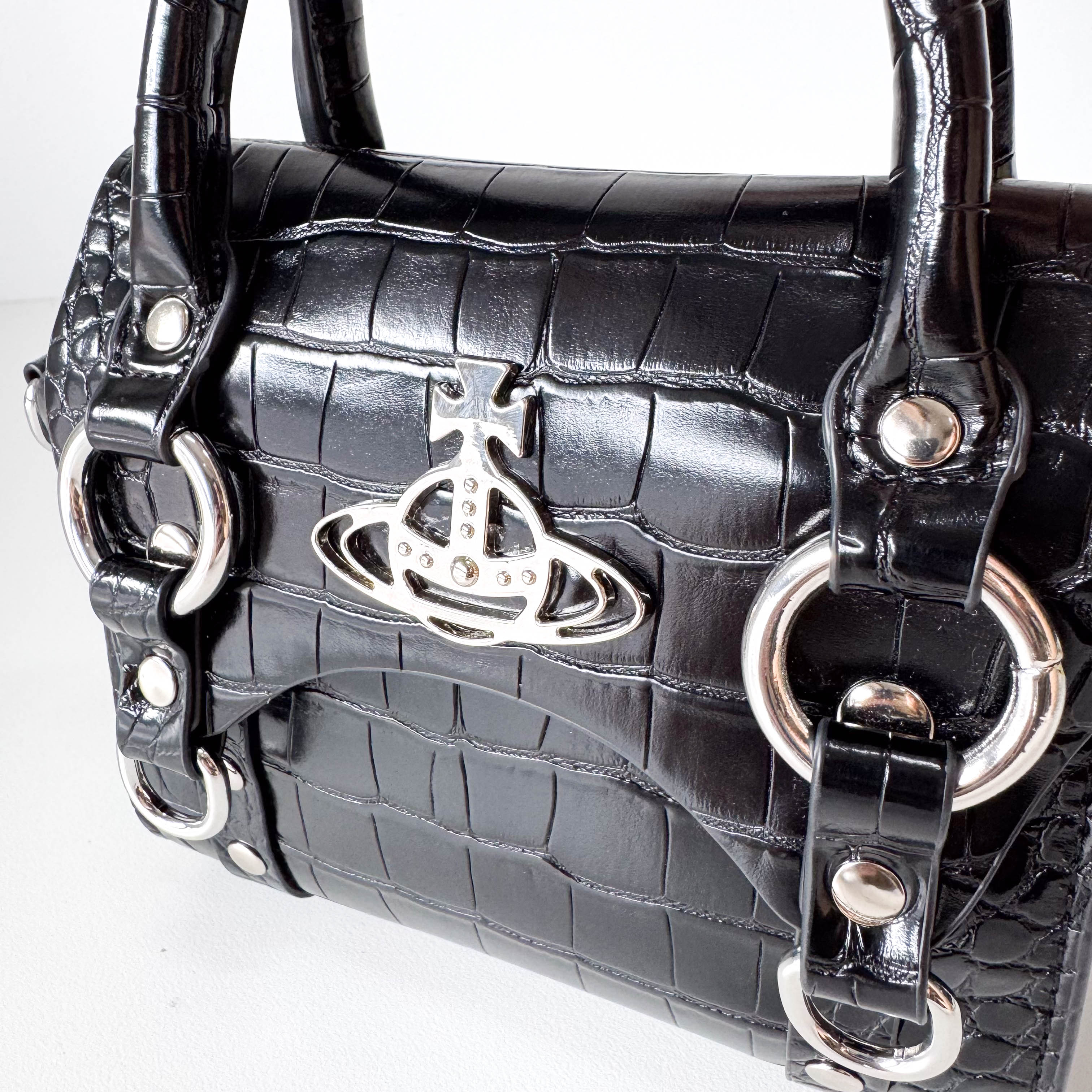 Croc Embossed Black Leather Chain Shoulder Bag