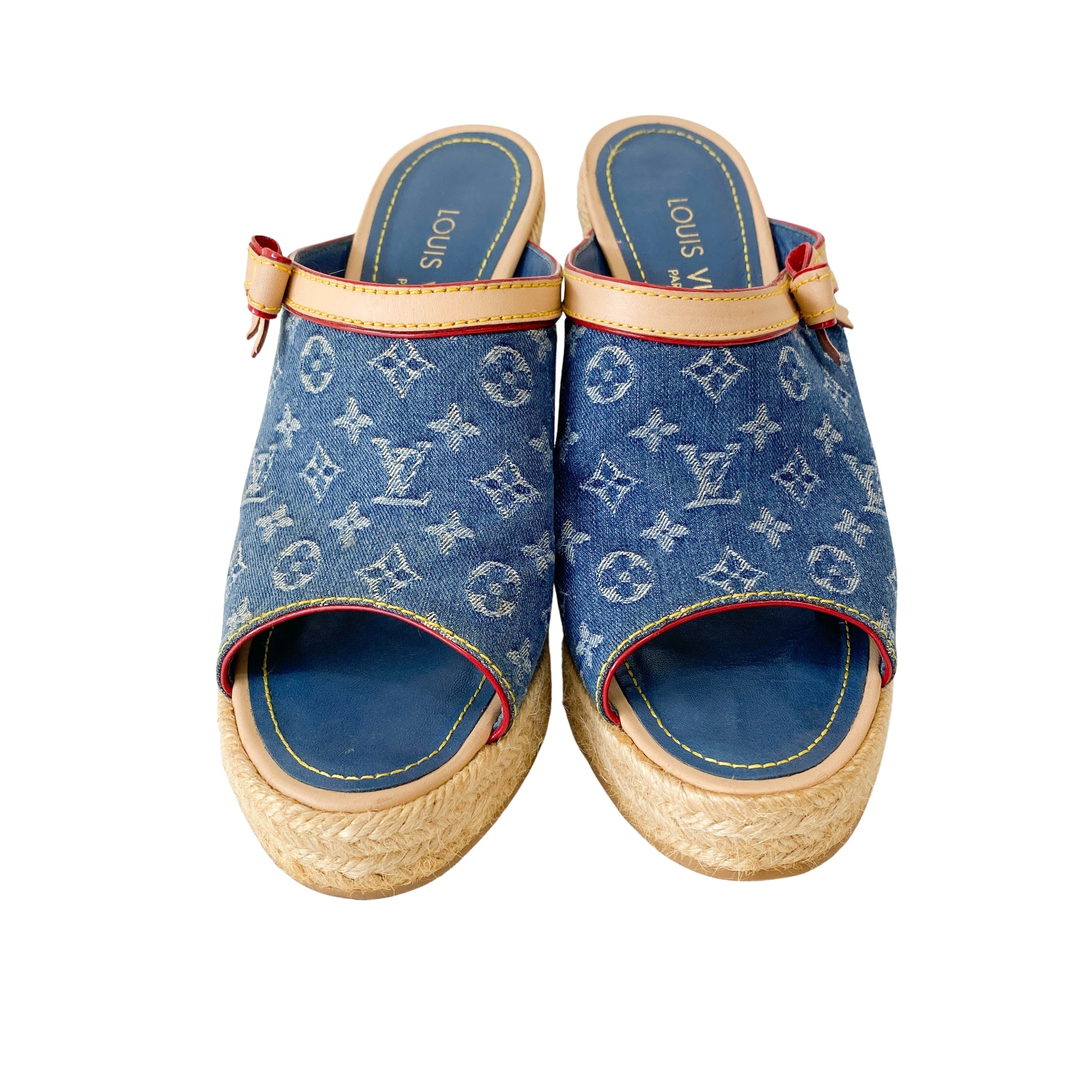 Monogram Denim and Straw Mule Sandals