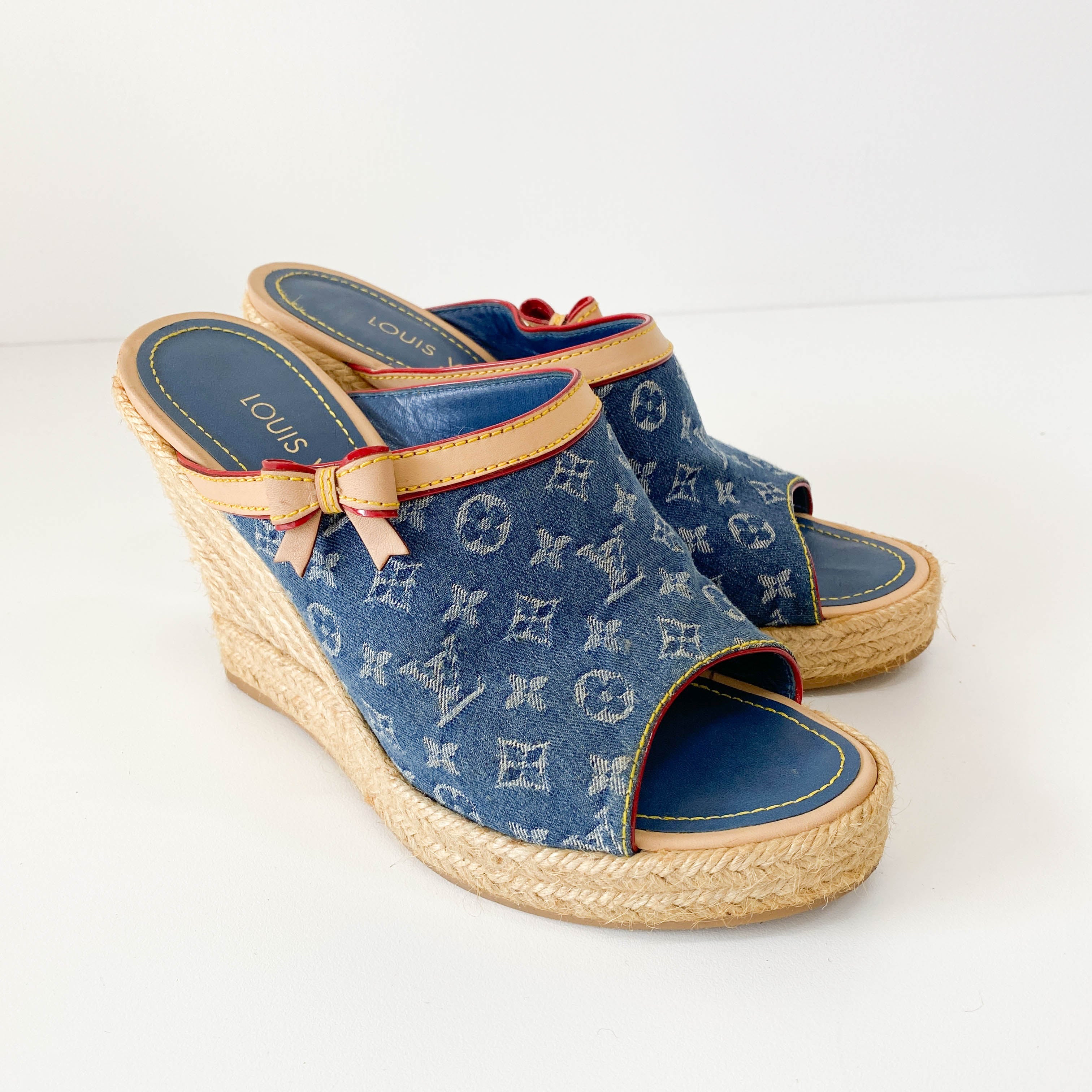 Monogram Denim and Straw Mule Sandals