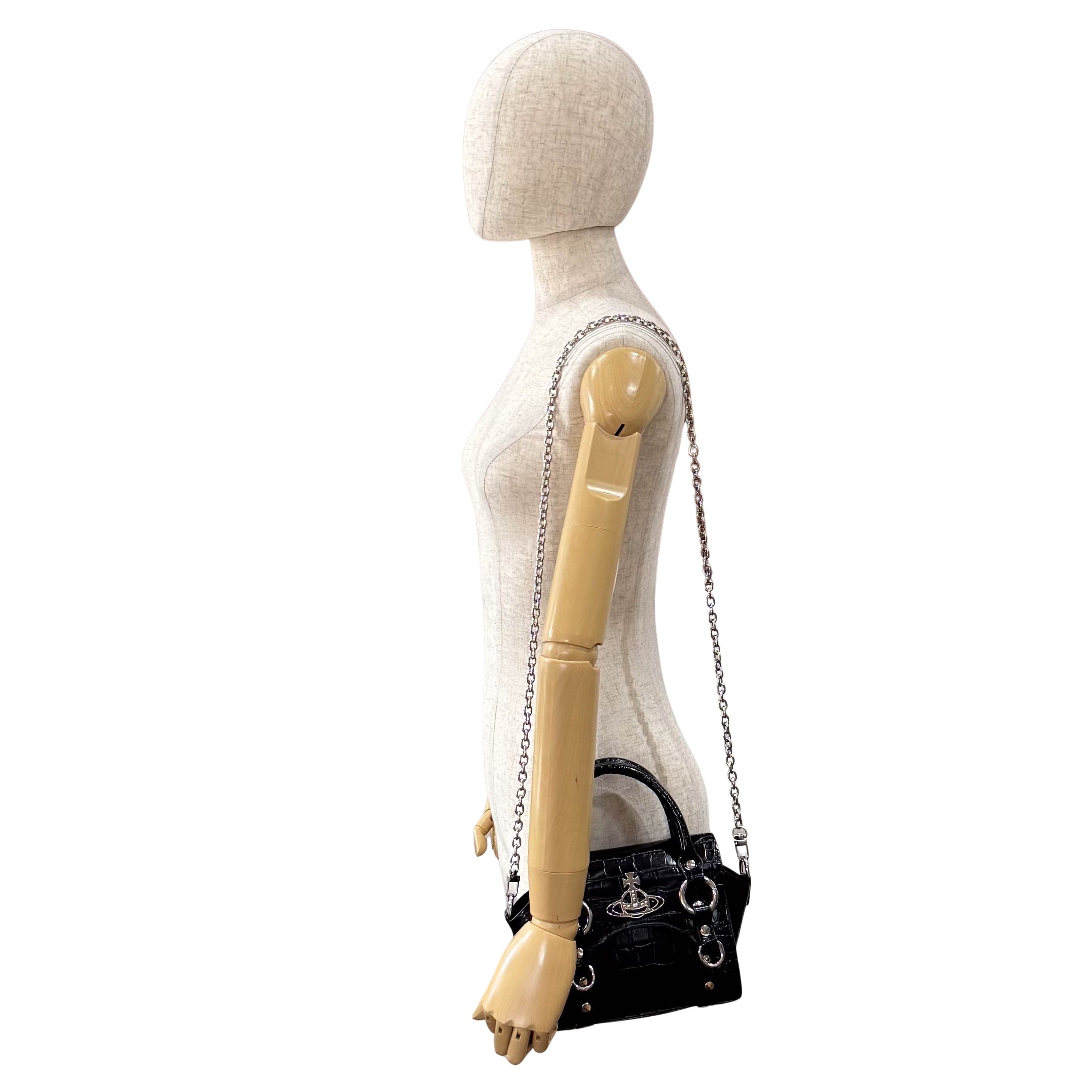 Croc Embossed Black Leather Chain Shoulder Bag