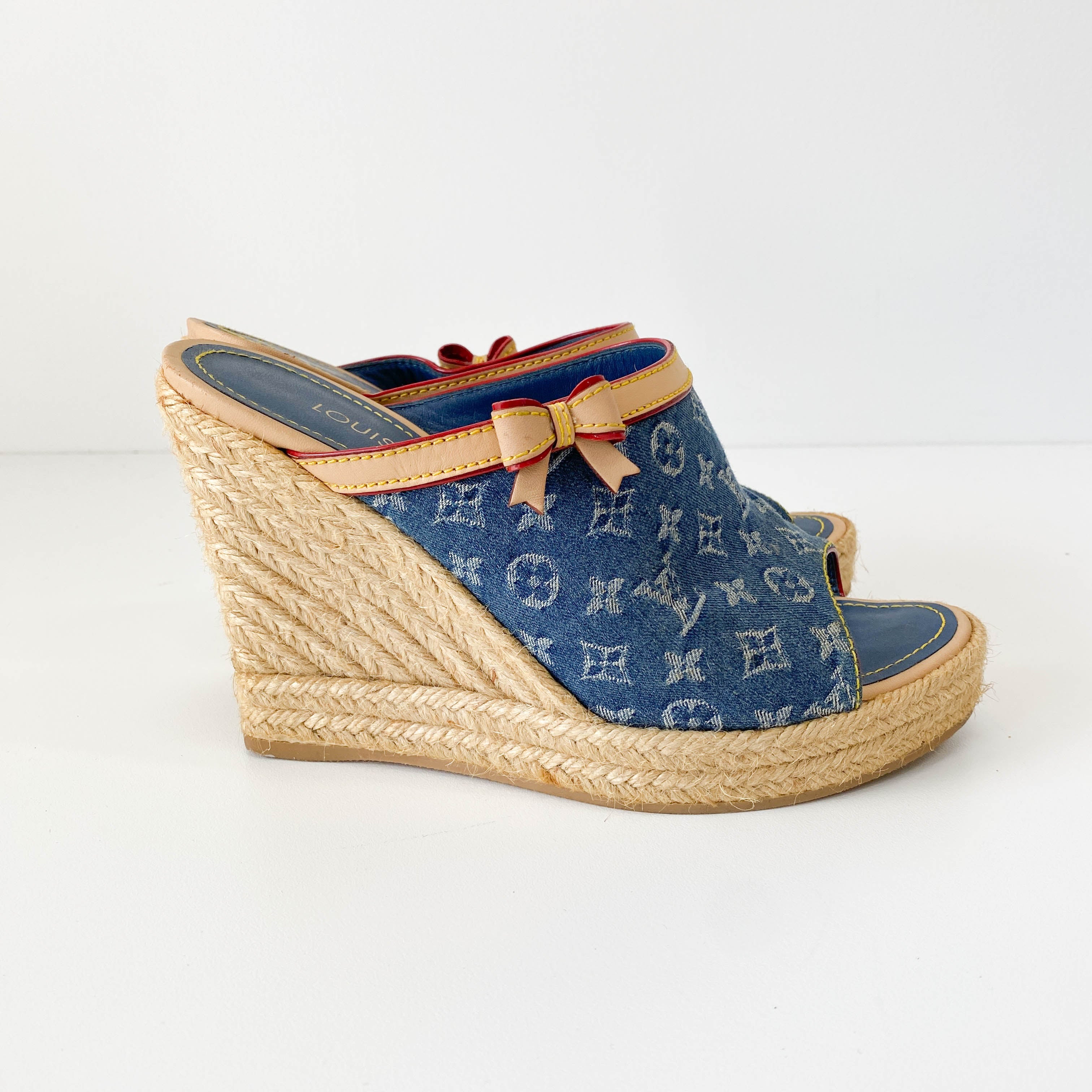 Monogram Denim and Straw Mule Sandals