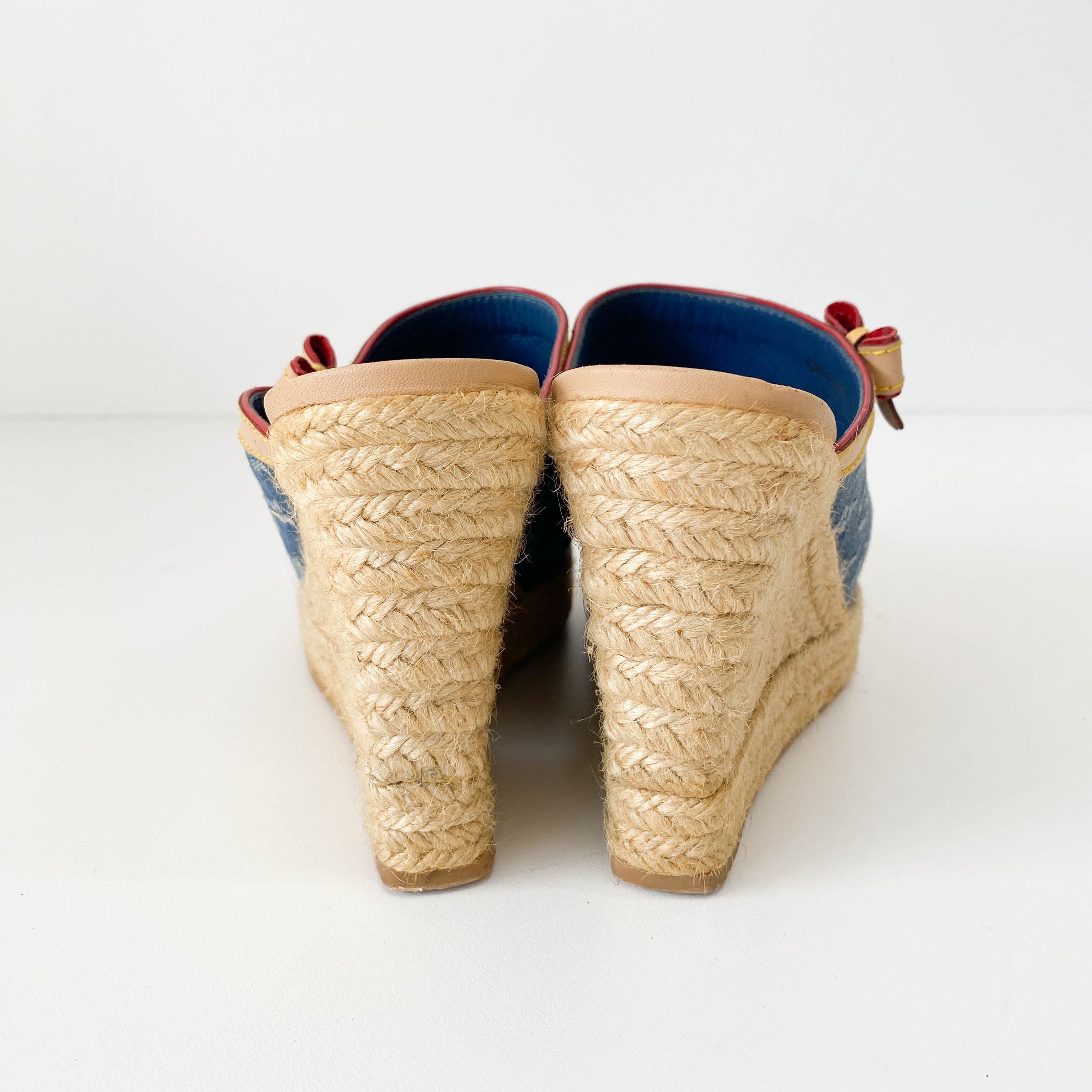 Monogram Denim and Straw Mule Sandals