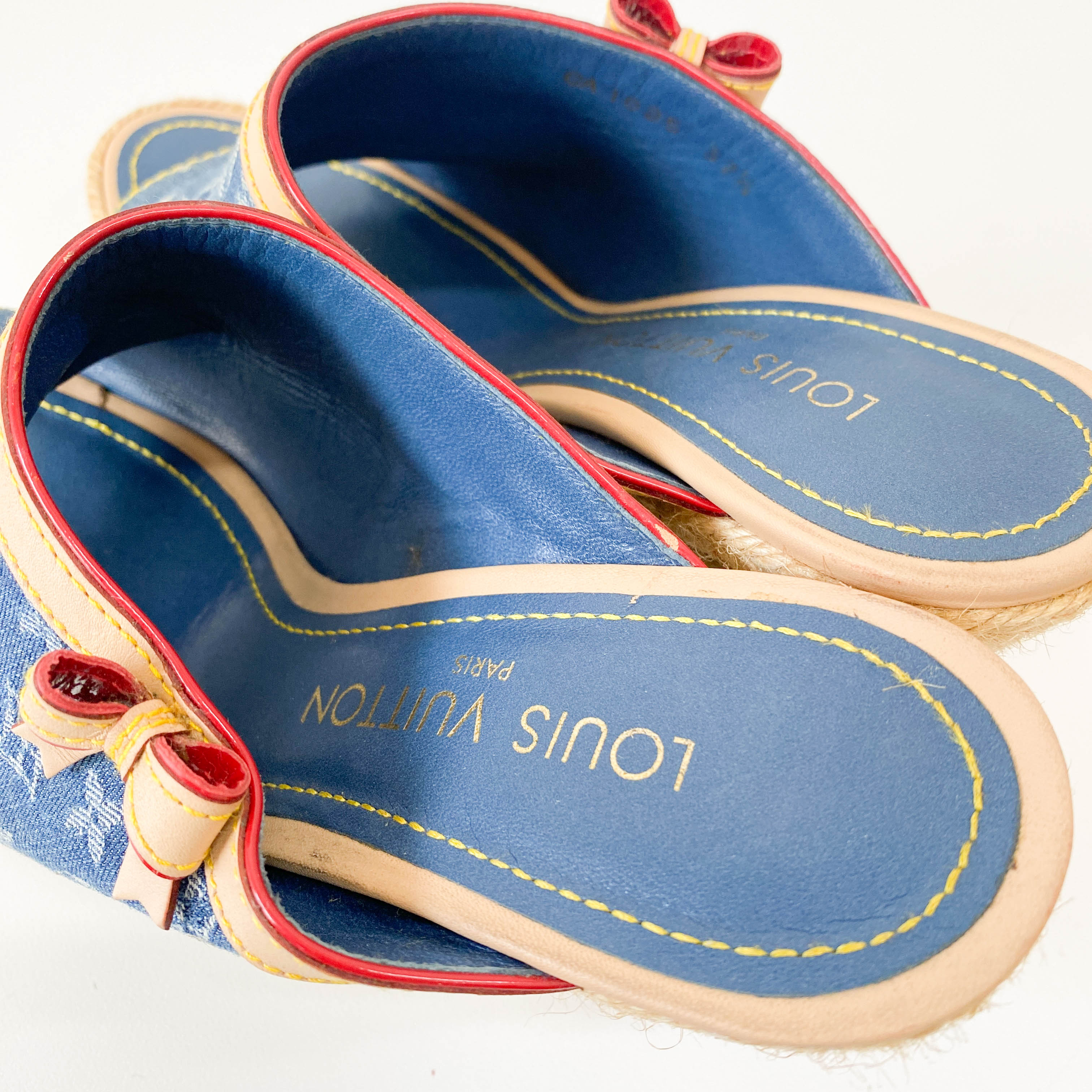 Monogram Denim and Straw Mule Sandals