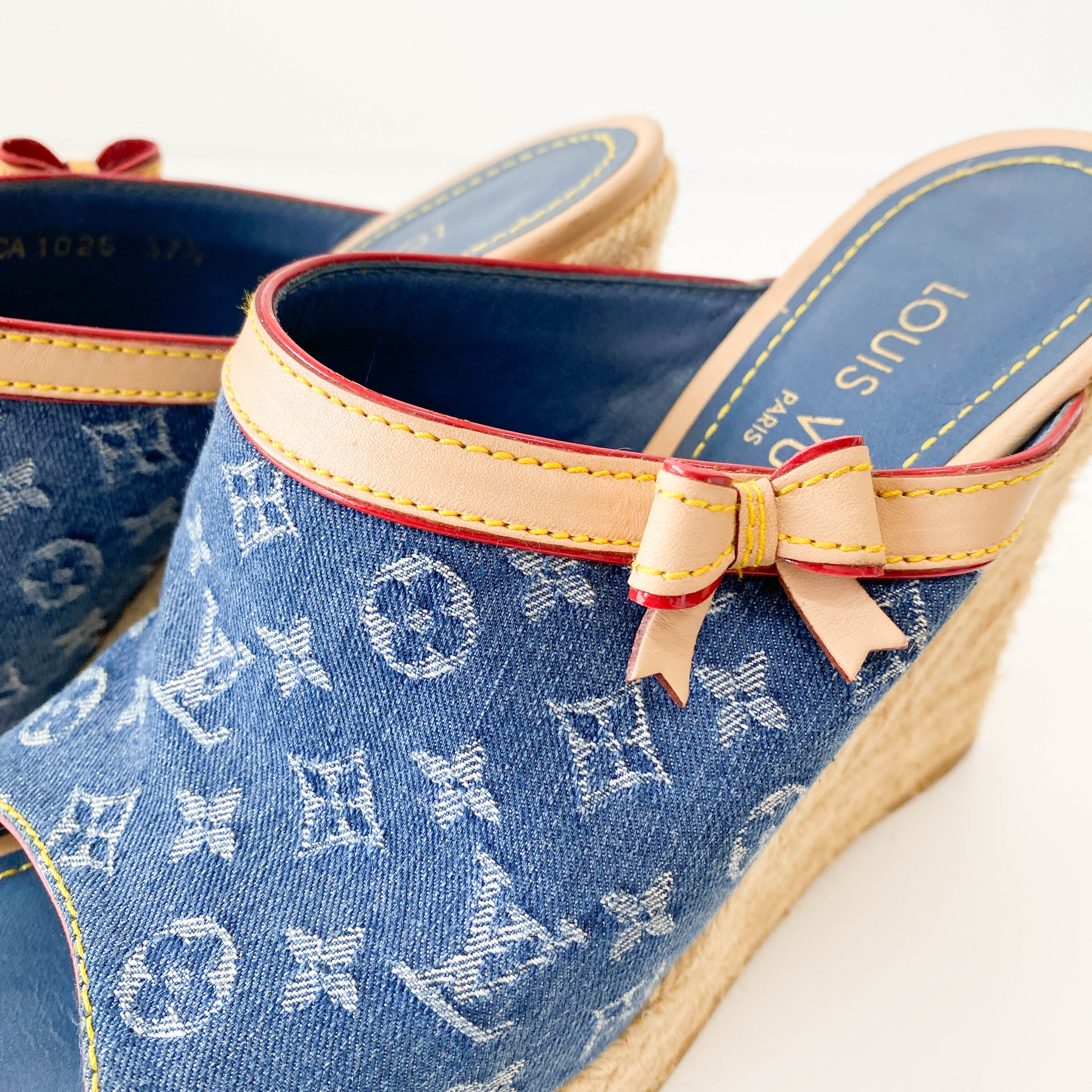 Monogram Denim and Straw Mule Sandals
