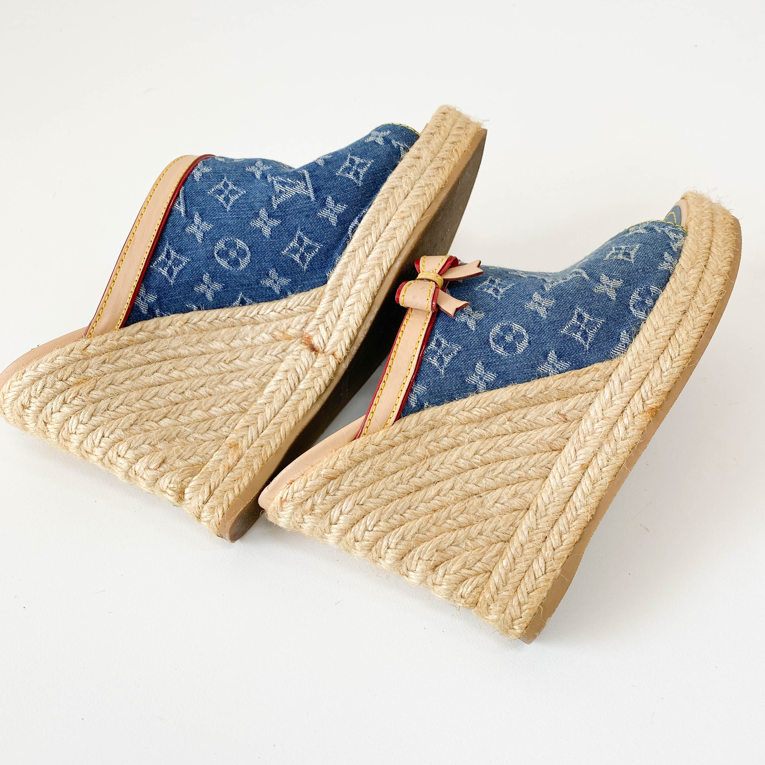 Monogram Denim and Straw Mule Sandals
